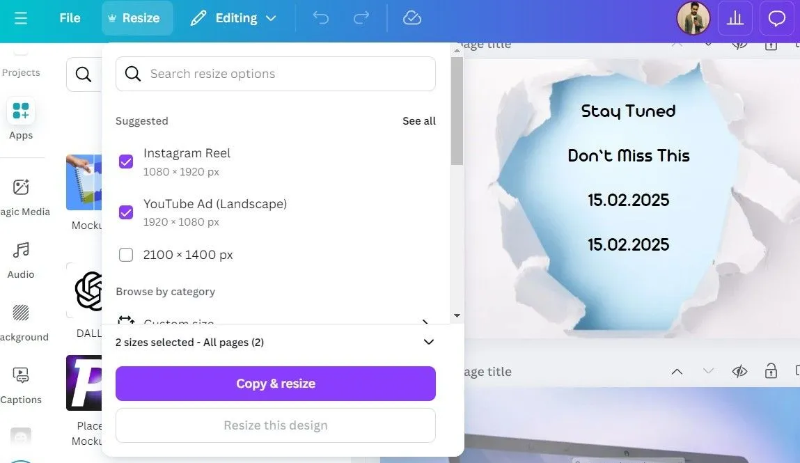 Tùy chọn Magic Resize trong Canva Pro giúp nhanh chóng điều chỉnh kích thước thiết kế cho nhiều nền tảng.