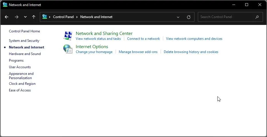 Tùy chọn Mạng và Internet trong Control Panel trên Windows 11