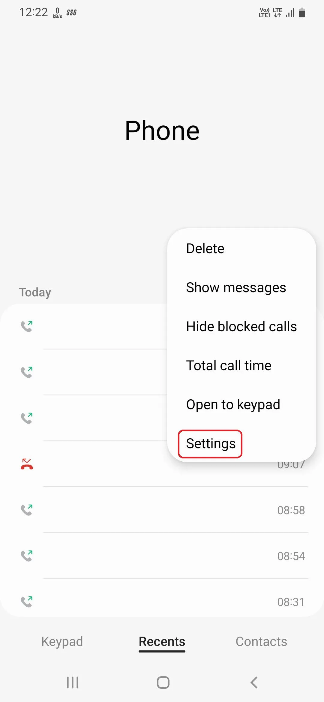 Tùy chọn mở cài đặt cuộc gọi trên ứng dụng Điện thoại Samsung