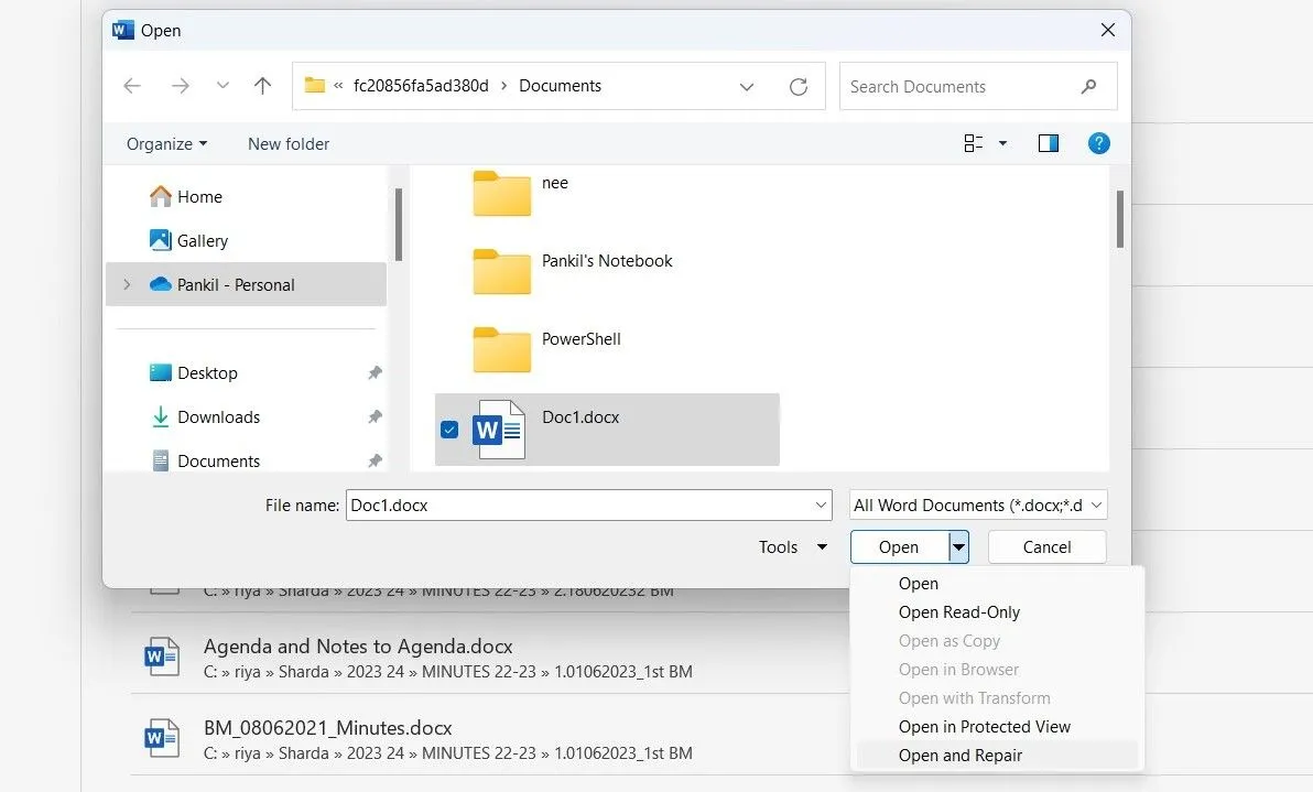 Tùy chọn &quot;Mở và Sửa chữa&quot; trong Microsoft Word, được sử dụng để khắc phục lỗi file tài liệu Word không in được.