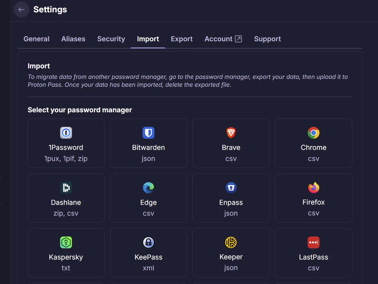 Tùy chọn nhập trong Proton Pass liệt kê các trình quản lý mật khẩu khác nhau.