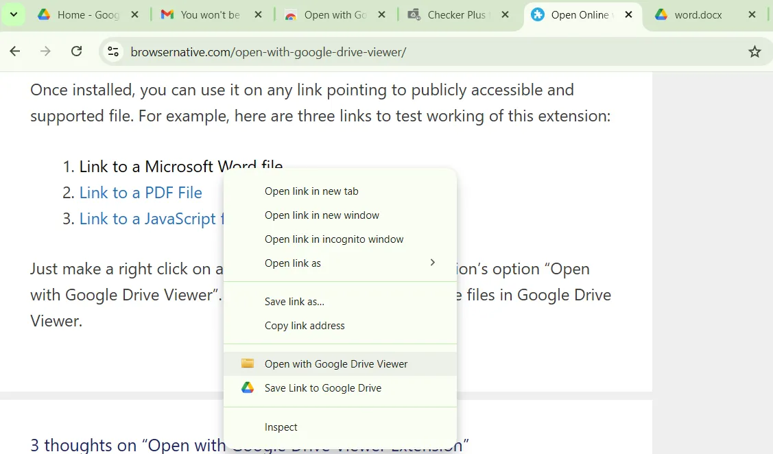 Tùy chọn Open with Google Drive viewer trong menu chuột phải của Chrome