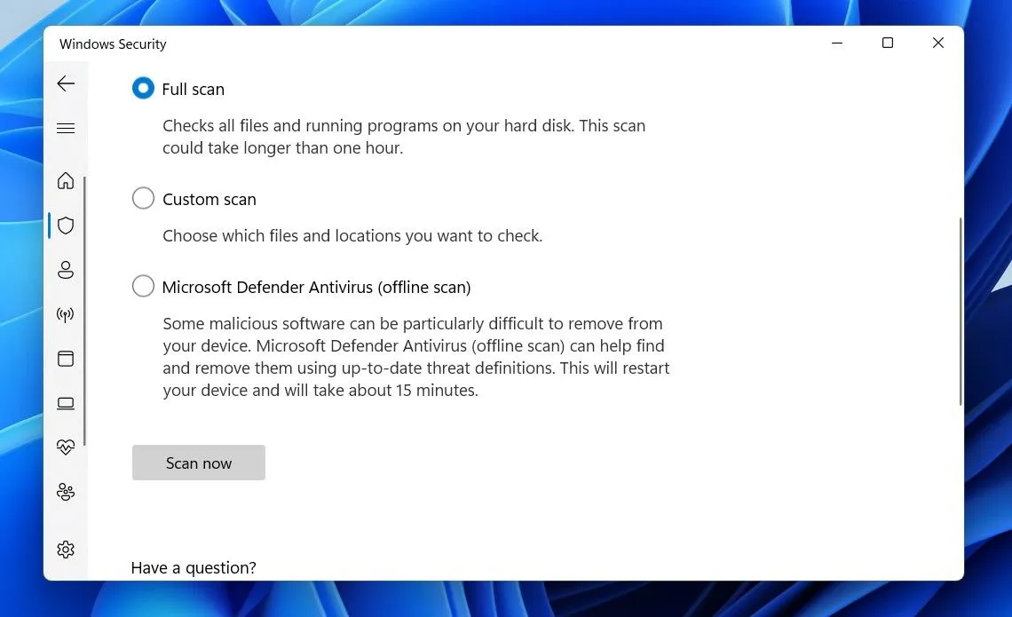 Tùy chọn Quét toàn bộ được chọn trong ứng dụng Bảo mật Windows để tìm kiếm phần mềm độc hại