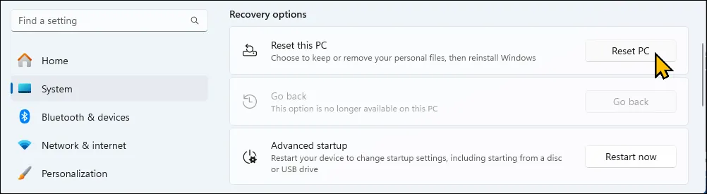 Tùy chọn &quot;Reset this PC&quot; trong phần Recovery của ứng dụng Settings trên Windows 11