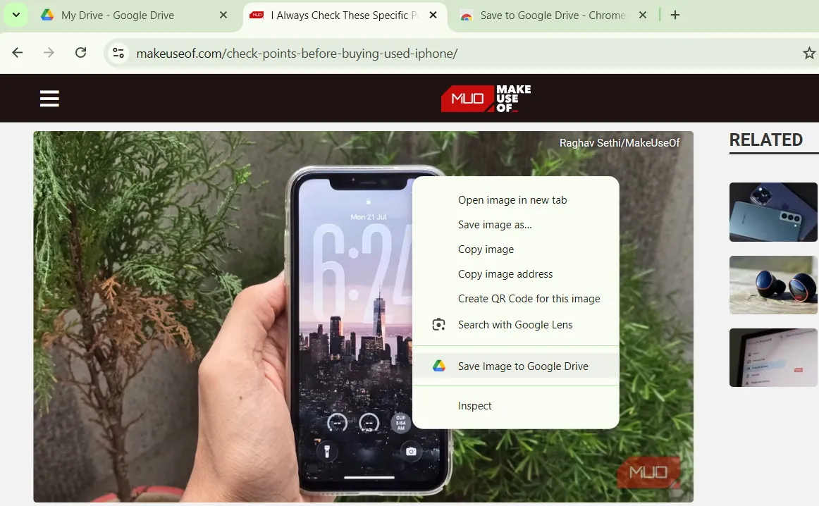 Tùy chọn Save to Google Drive trong menu chuột phải của Chrome