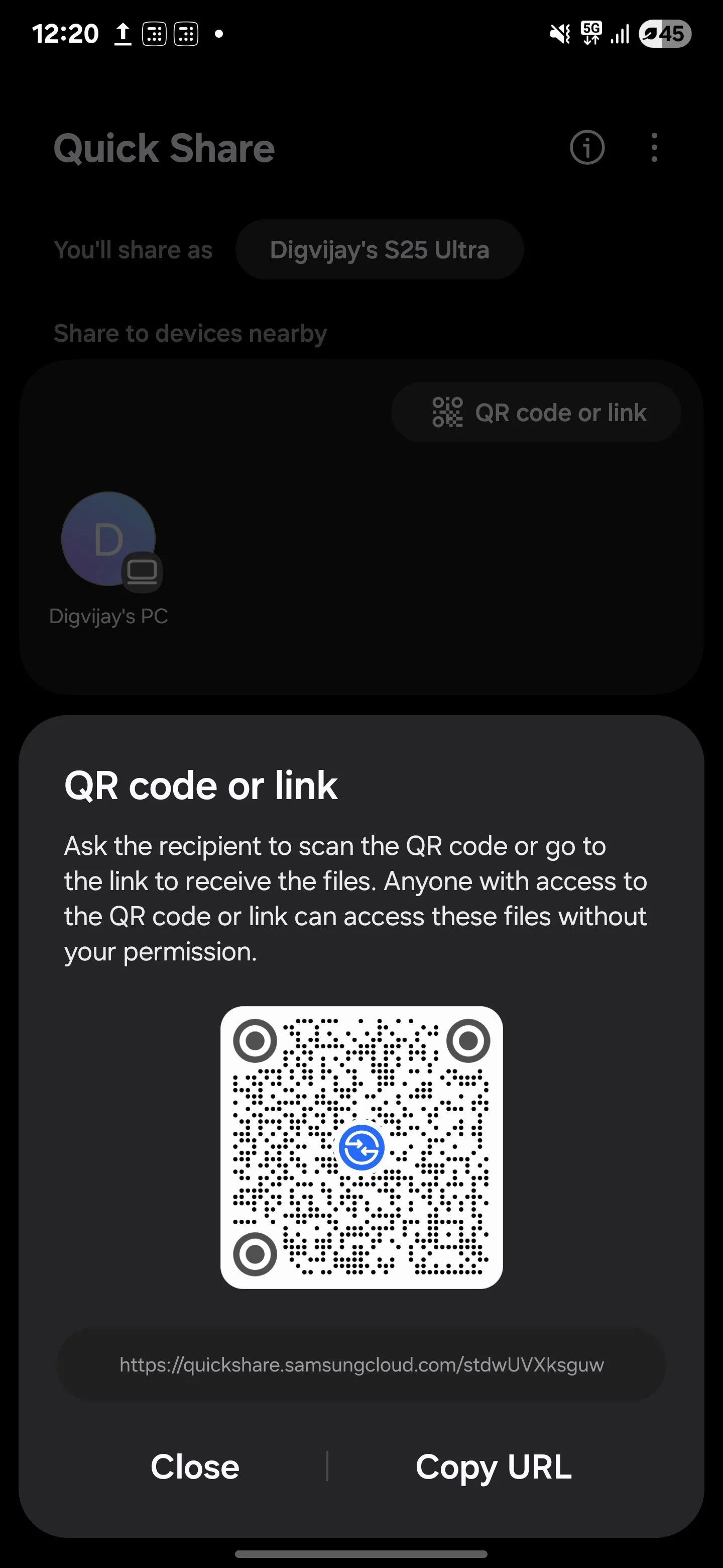 Tùy chọn tạo liên kết hoặc mã QR để chia sẻ qua Quick Share
