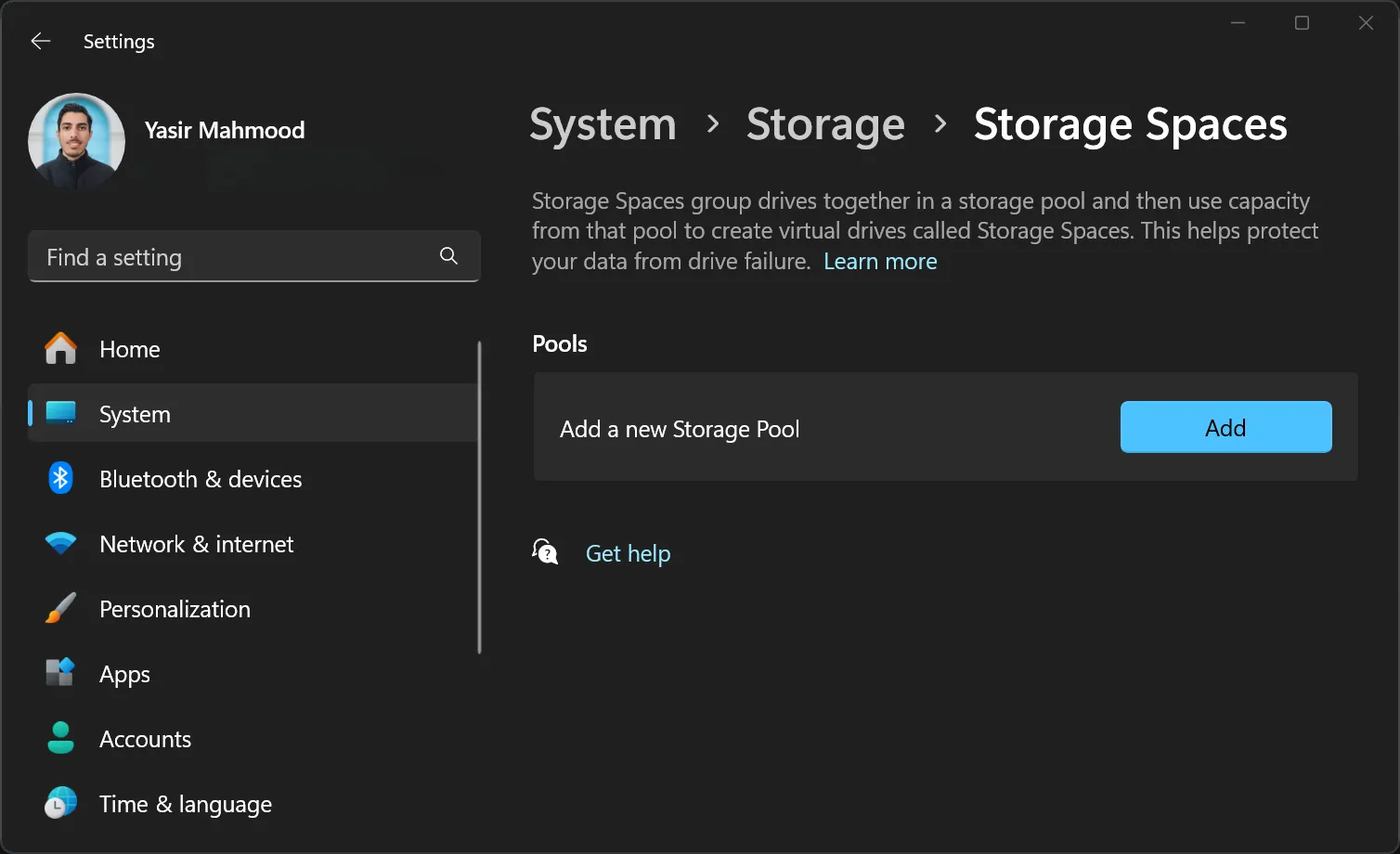 Tùy chọn tạo nhóm lưu trữ mới (New storage pool) trong Cài đặt Storage Spaces của Windows