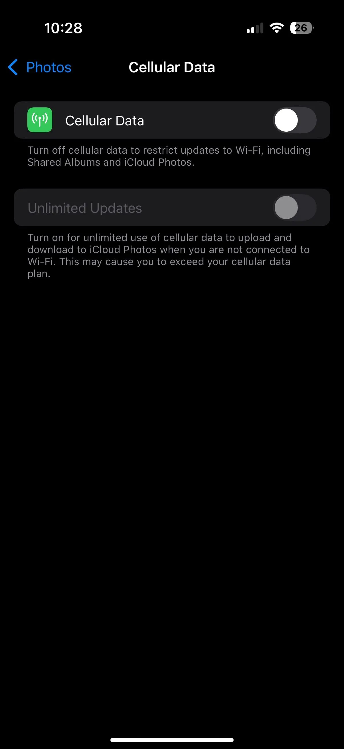 Tùy chọn tắt Dữ liệu di động cho Ảnh trong cài đặt iCloud trên iPhone