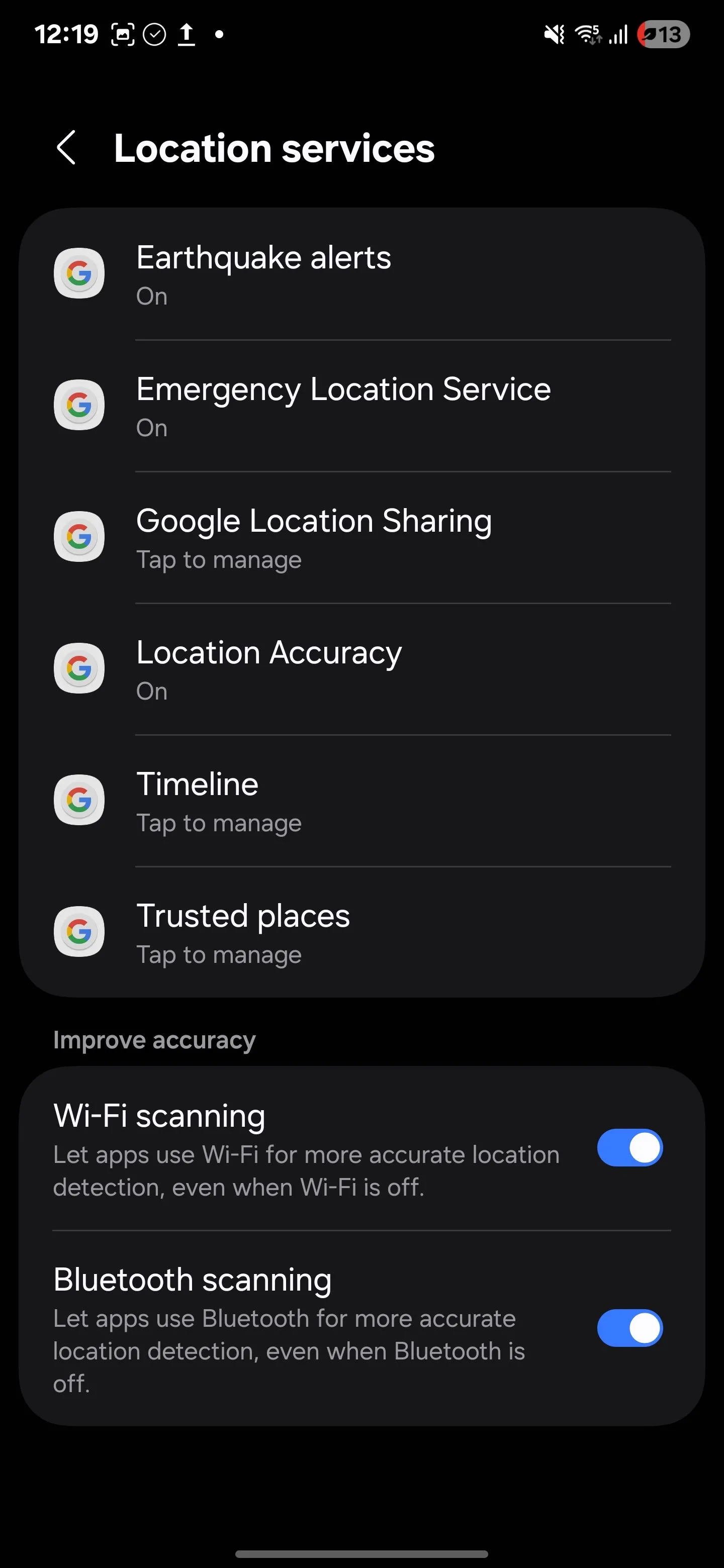 Tùy chọn tắt "Quét Bluetooth" trong cài đặt dịch vụ vị trí Samsung Android