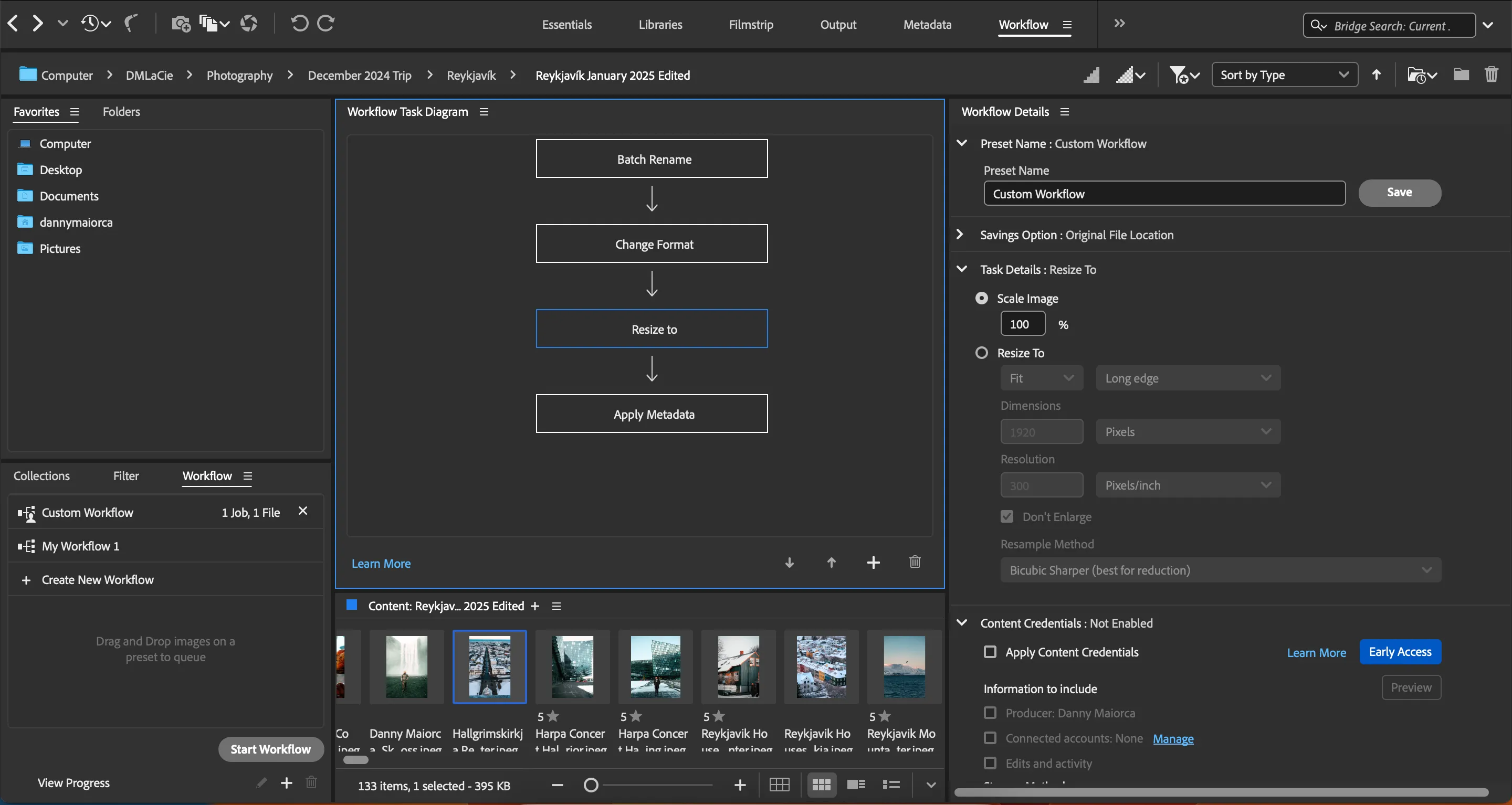 Tùy chọn thay đổi kích thước ảnh (resizing) trong quy trình làm việc tùy chỉnh của Adobe Bridge.