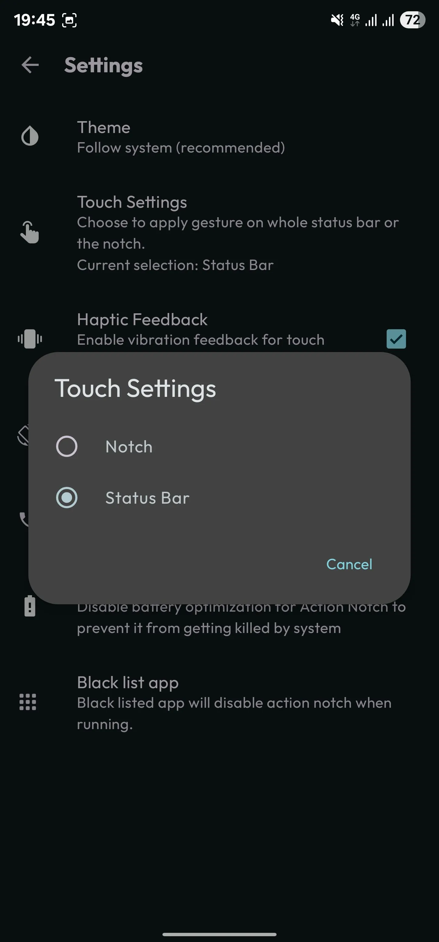 Tùy chọn thay đổi vùng tương tác của Action Notch từ chỉ tai thỏ sang toàn bộ thanh trạng thái để dễ thao tác hơn