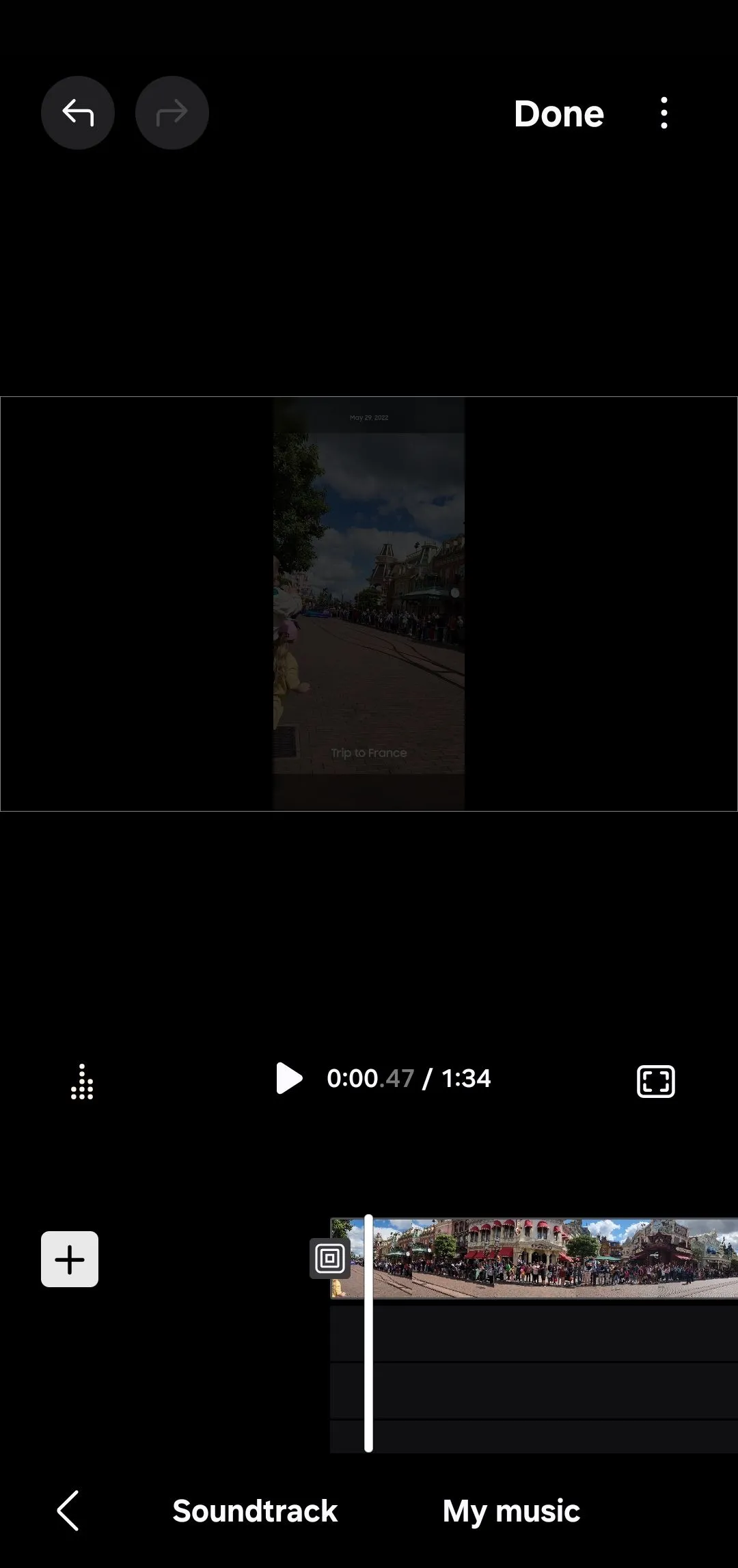 Tùy chọn thêm nhạc (Music option) trong Samsung Studio, hiển thị các lựa chọn Soundtrack và My music.