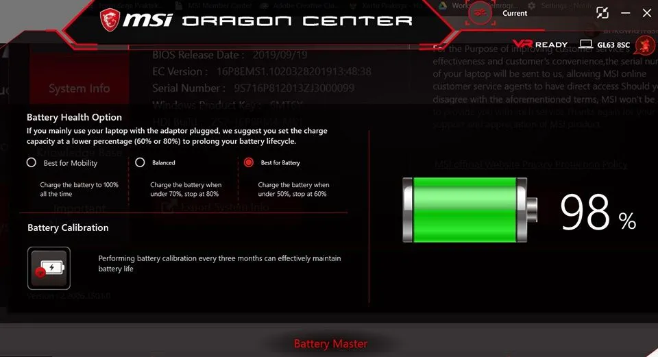 Tùy chọn Tình trạng Pin (Battery Health Option) trong ứng dụng MSI Dragon Center