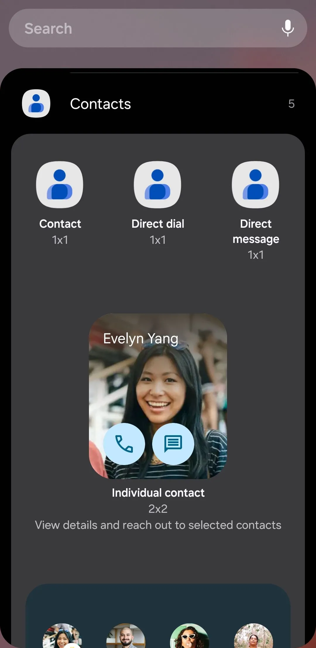 Tùy chọn widget danh bạ Google Contacts trên điện thoại Android, cho phép gọi nhanh và hiển thị danh bạ yêu thích.