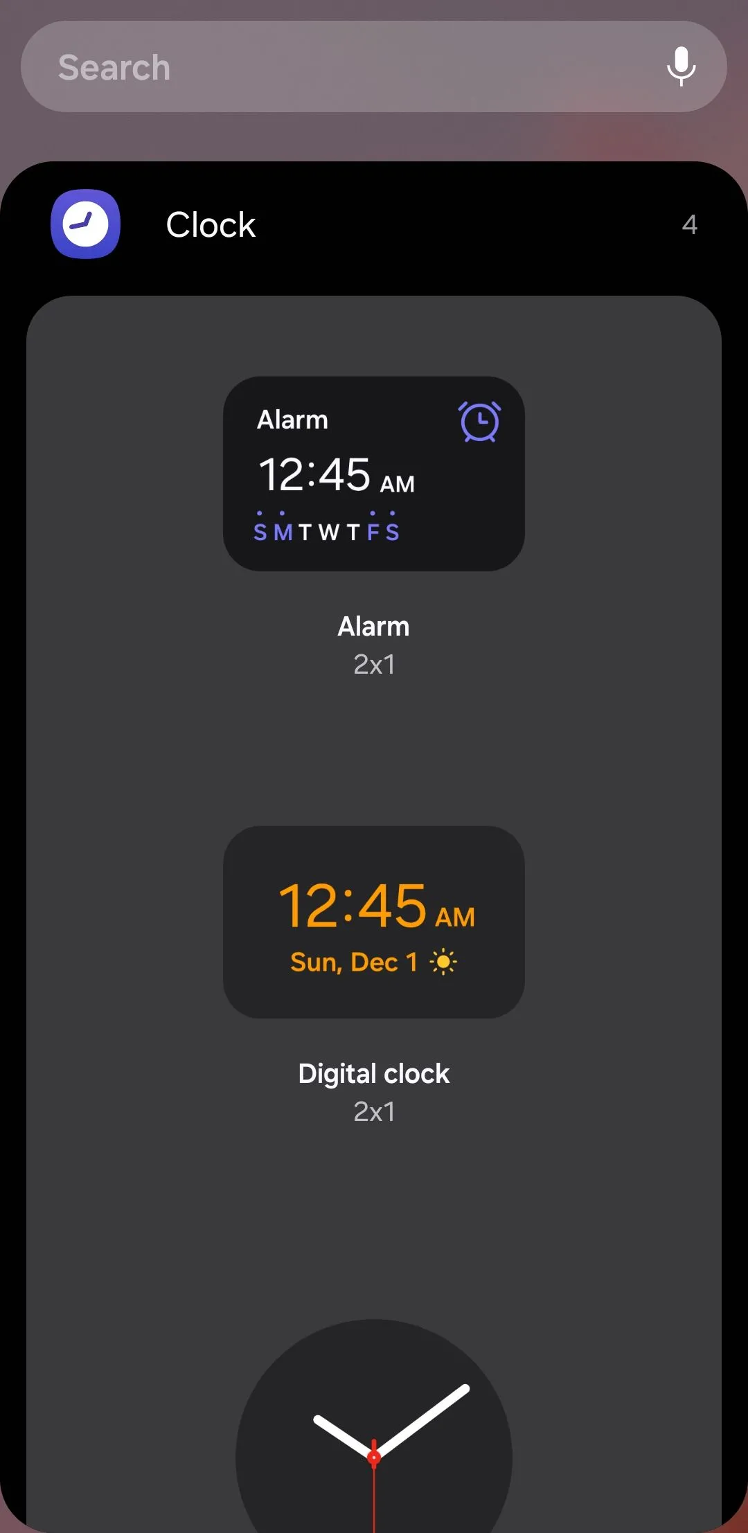 Tùy chọn widget đồng hồ và thời tiết trên điện thoại Samsung Galaxy.