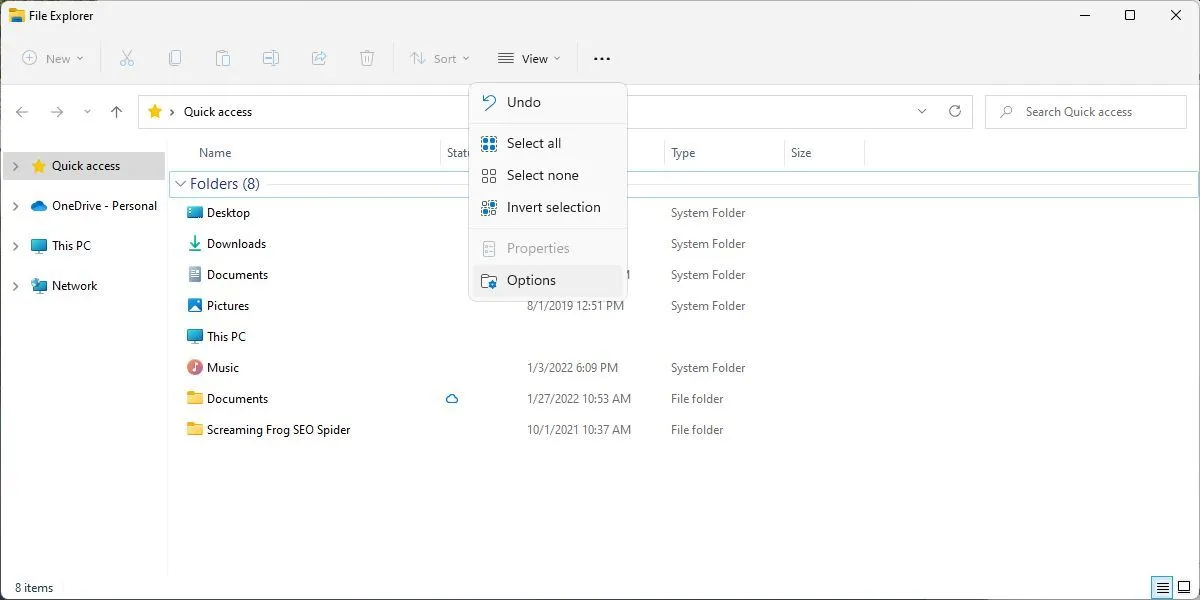 Tùy chọn &quot;Xem thêm&quot; trong File Explorer Windows 11 để truy cập cài đặt nâng cao.