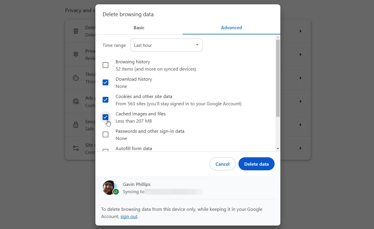 Tùy chọn xóa dữ liệu duyệt web trong Google Chrome