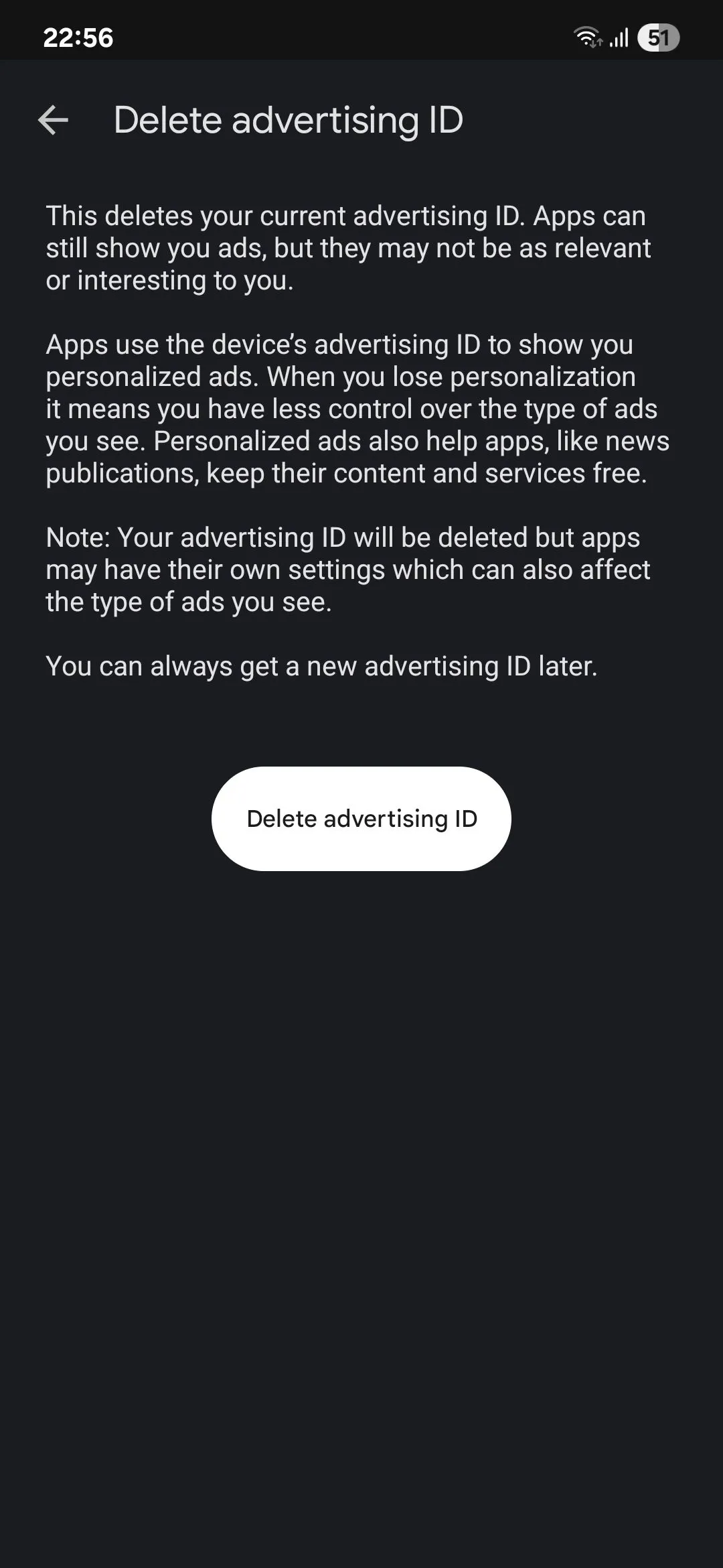 Tùy chọn xóa hoặc đặt lại ID quảng cáo Google trên Android.