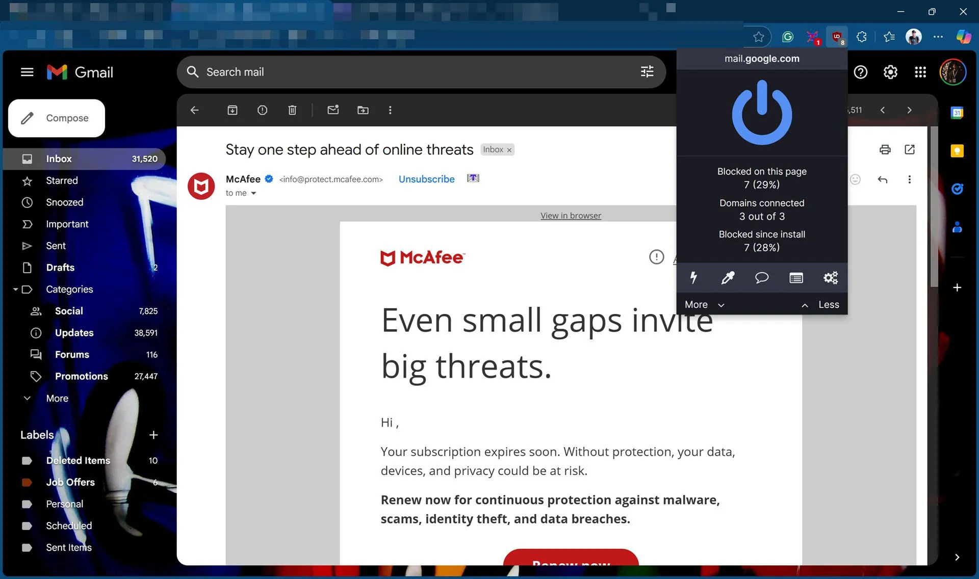 uBlock Origin với thiết lập chặn hiệu quả các pixel theo dõi email
