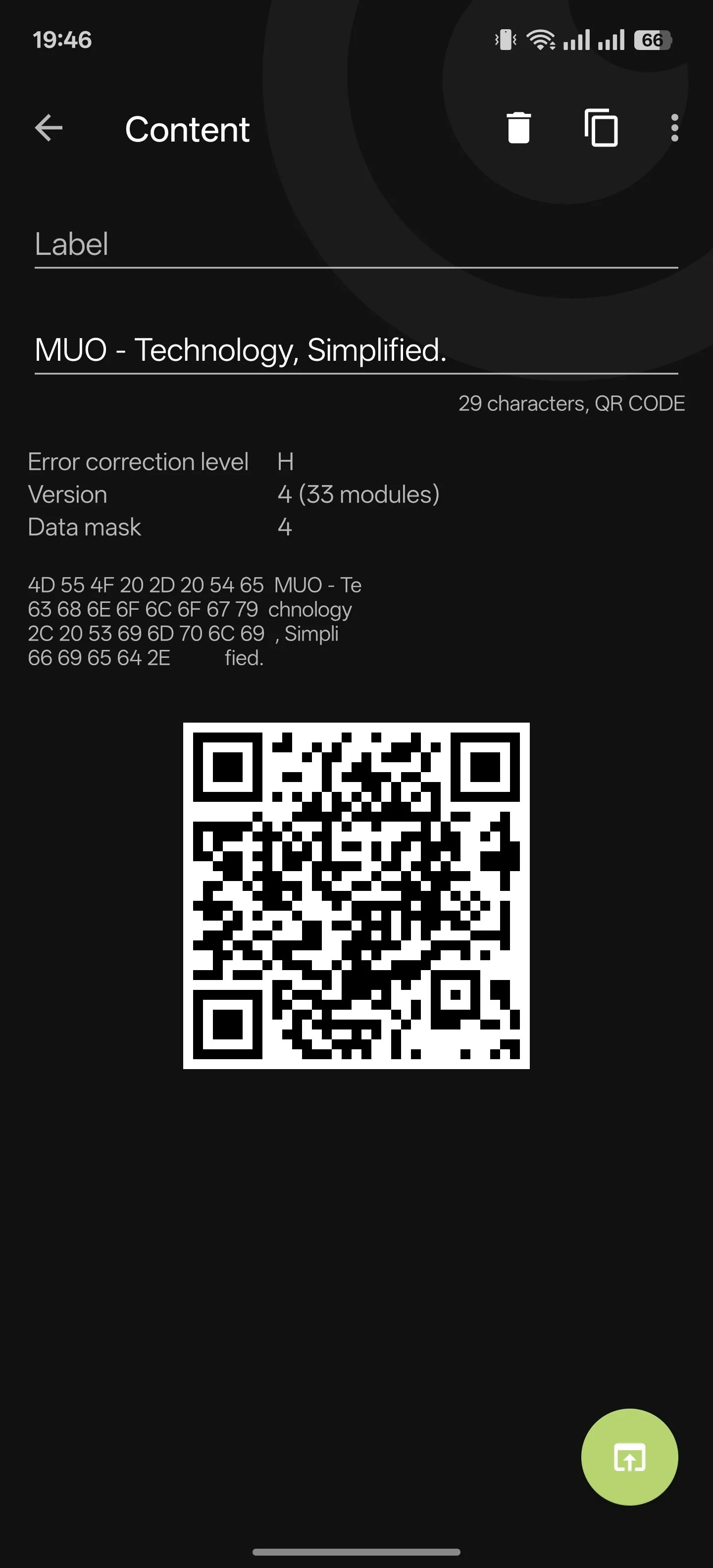 Ứng dụng Binary Eye hiển thị nội dung của mã QR đã được quét.