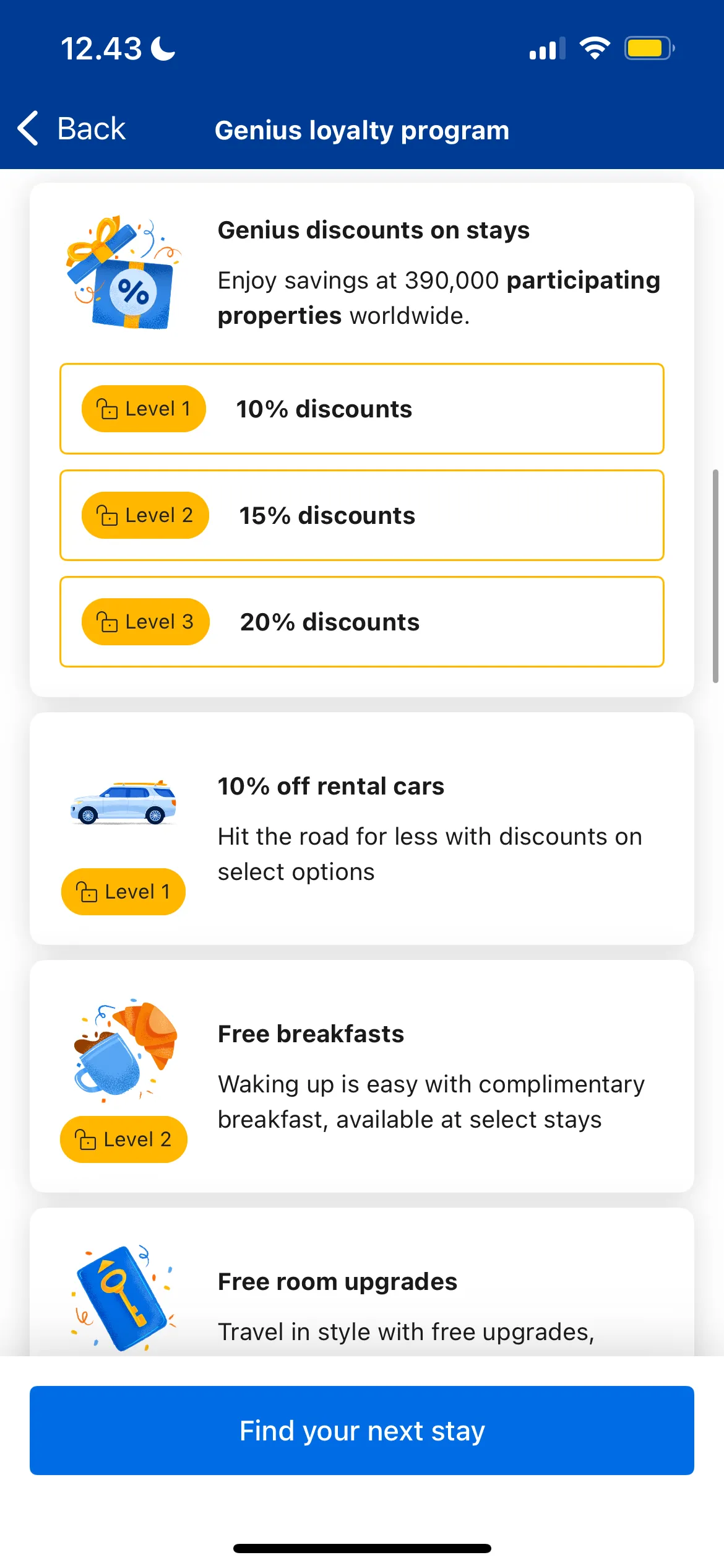 Ứng dụng Booking.com hiển thị các cấp độ và lợi ích của chương trình khách hàng thân thiết Genius.