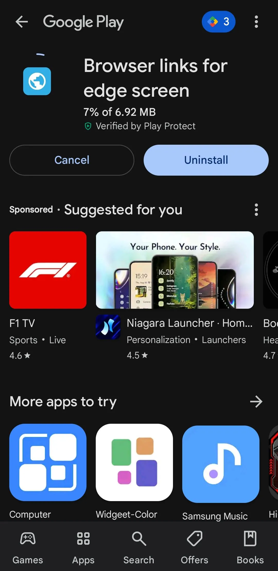 Ứng dụng 'Browser links for Edge screen' hiển thị trên Google Play Store, giúp thêm phím tắt website vào Edge Panel