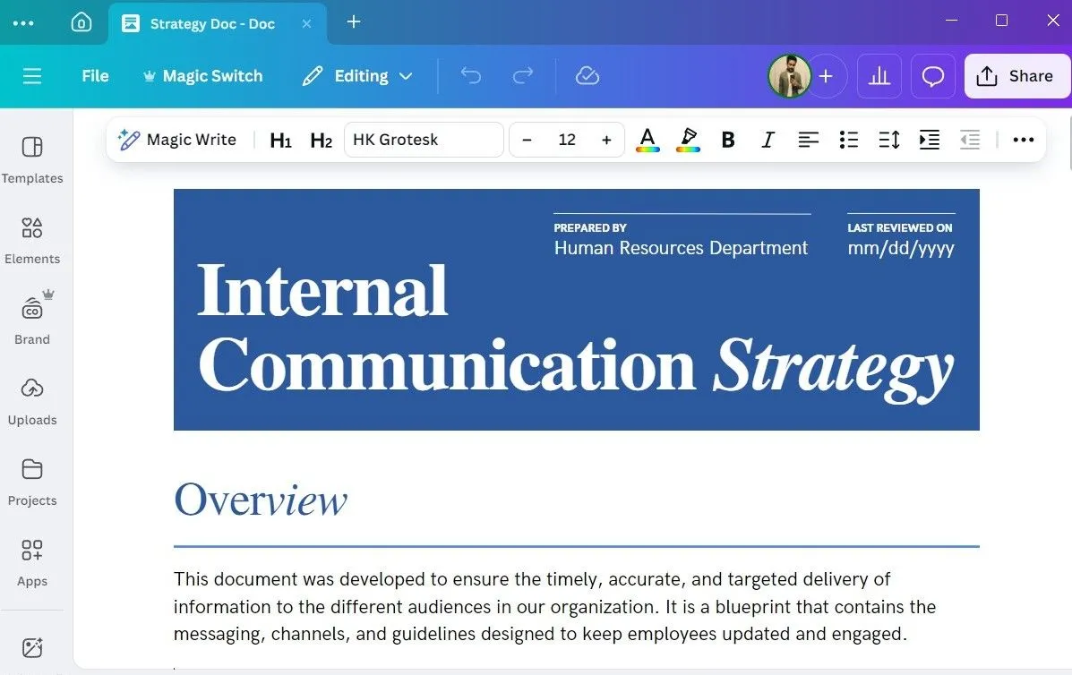Ứng dụng Canva trên máy tính hiển thị một tài liệu Docs đang được soạn thảo, minh họa khả năng tạo văn bản chuyên nghiệp.