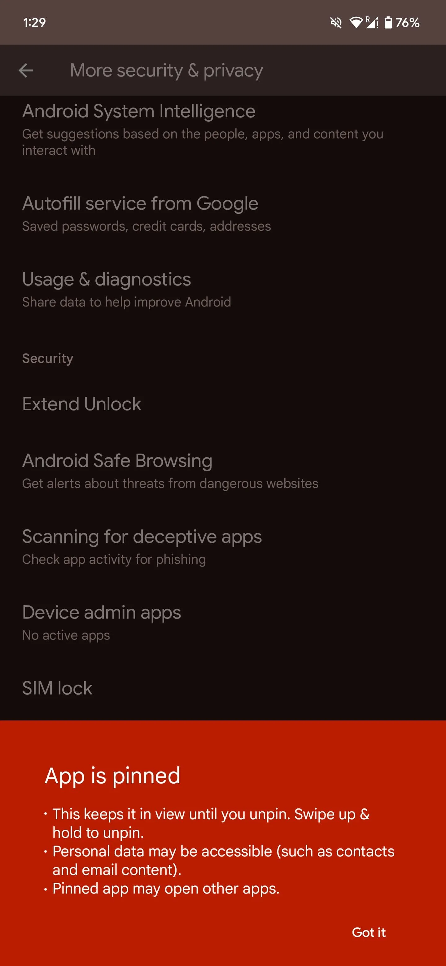 Ứng dụng được ghim (App Pinning) hiển thị trên màn hình Android, ngăn người khác truy cập ứng dụng khác.