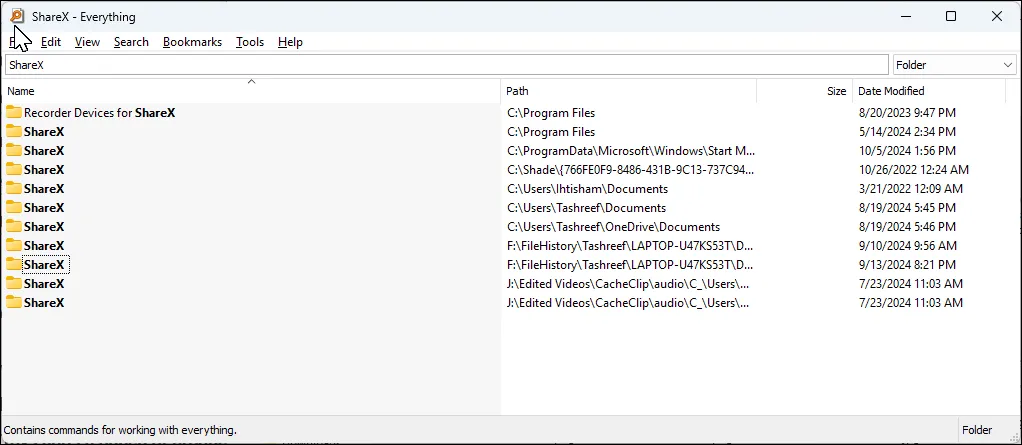 Ứng dụng Everything tìm kiếm nhanh cụm từ &quot;ShareX&quot; trên hệ điều hành Windows 11.