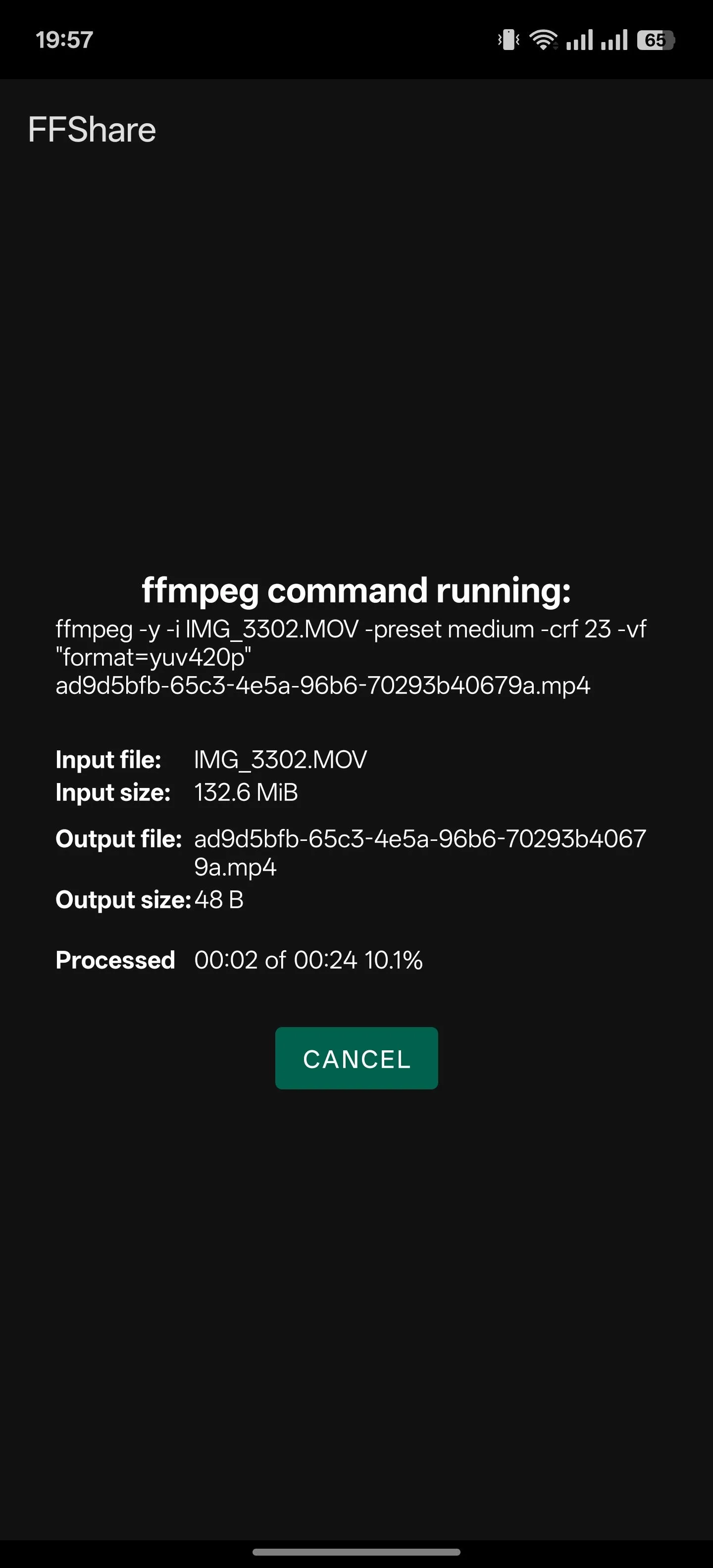 Ứng dụng FFShare trên Android hiển thị quá trình nén file đang diễn ra.