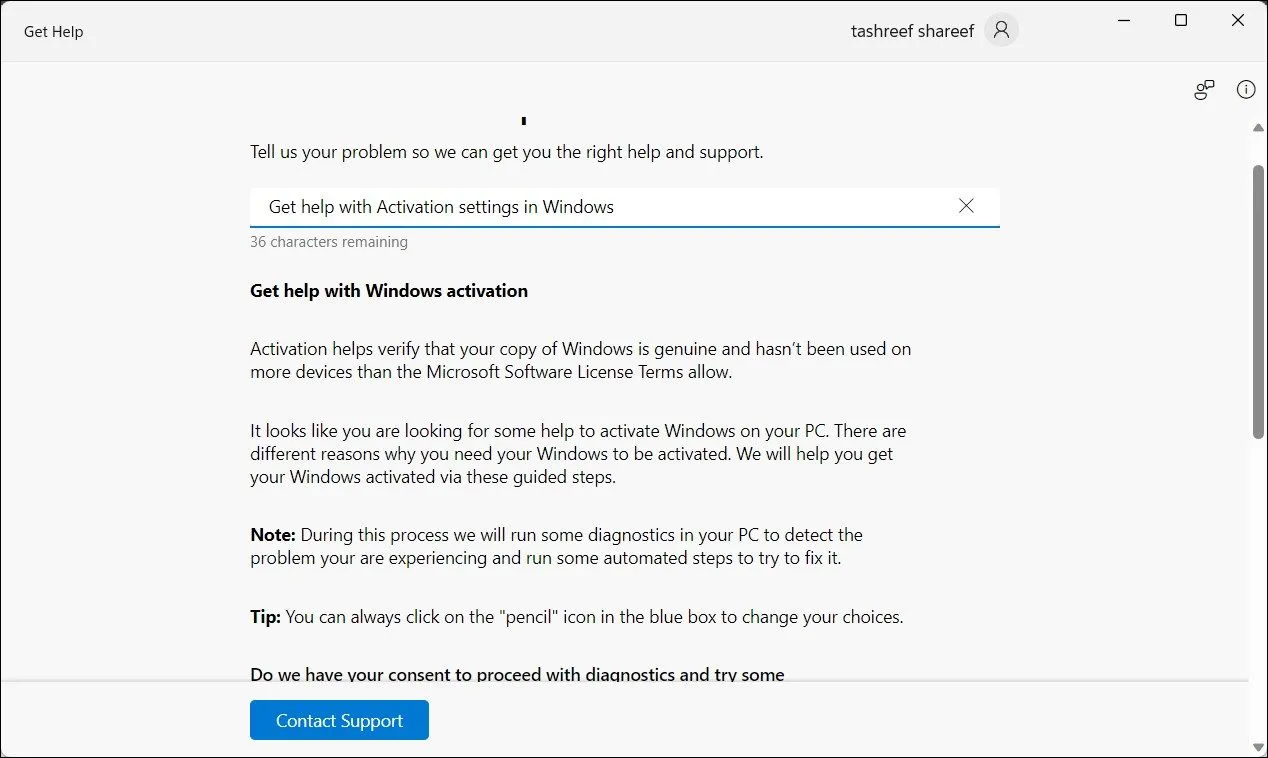Ứng dụng Get Help (Nhận trợ giúp) trên Windows 11 với tùy chọn liên hệ hỗ trợ