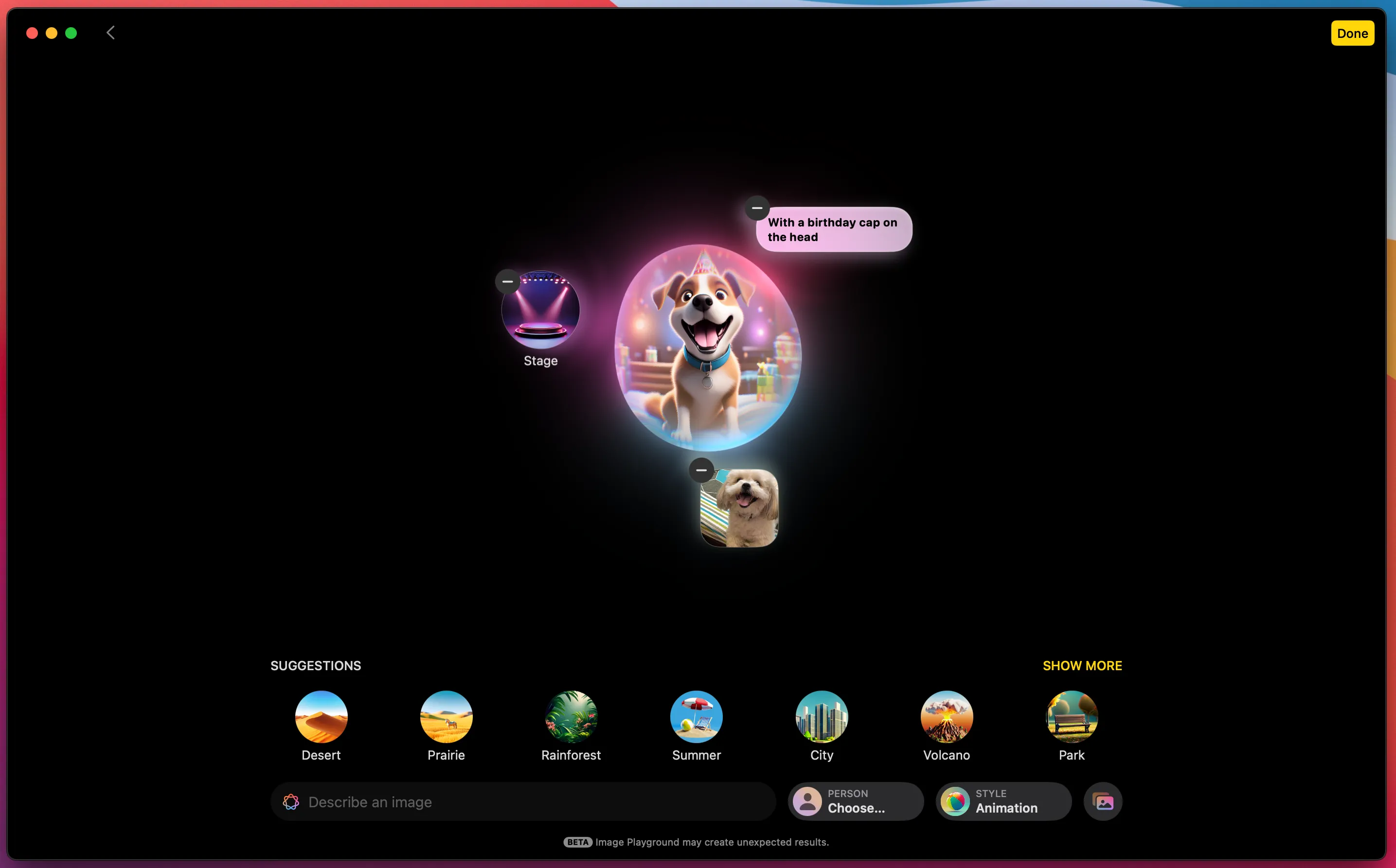 Ứng dụng Image Playground của Apple Intelligence tạo hình ảnh AI về một chú chó, thể hiện phong cách hoạt hình đặc trưng.