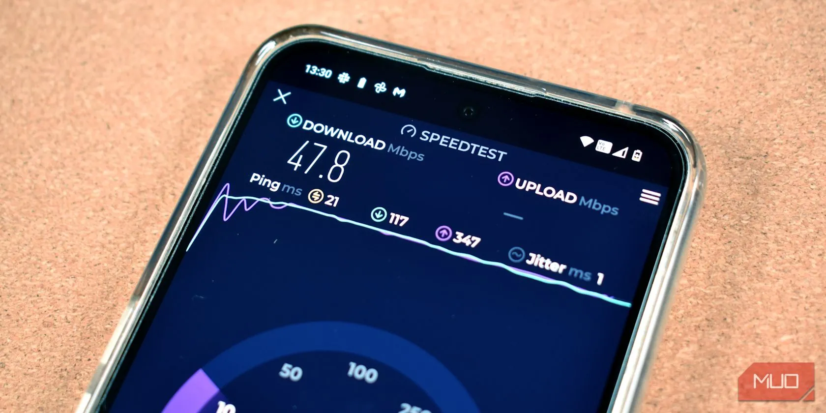 Ứng dụng kiểm tra tốc độ Speedtest của Ookla trên màn hình điện thoại, minh họa việc kiểm tra tốc độ dữ liệu di động.