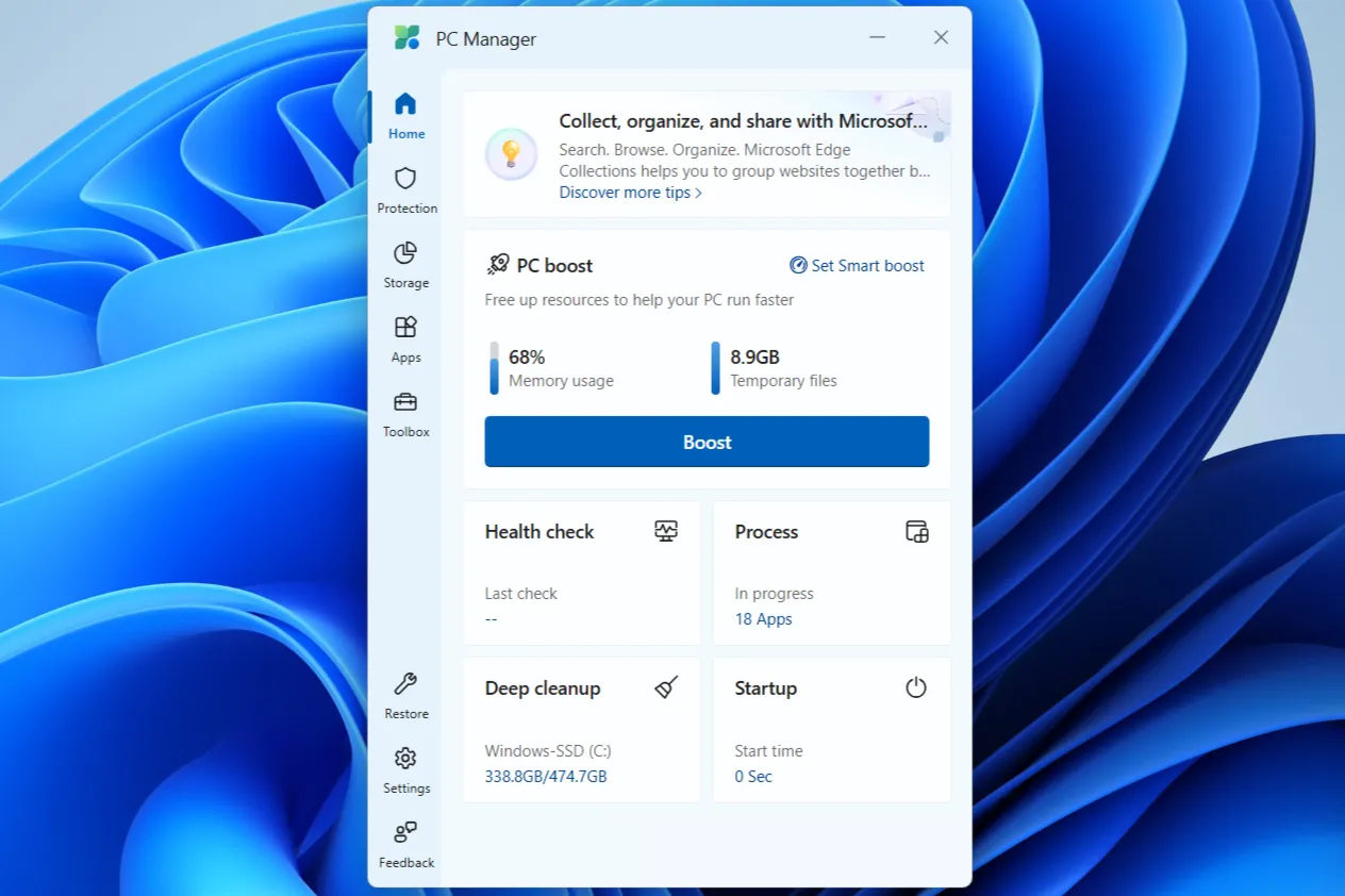 Ứng dụng Microsoft PC Manager hiển thị tùy chọn Tăng tốc PC và giải phóng RAM
