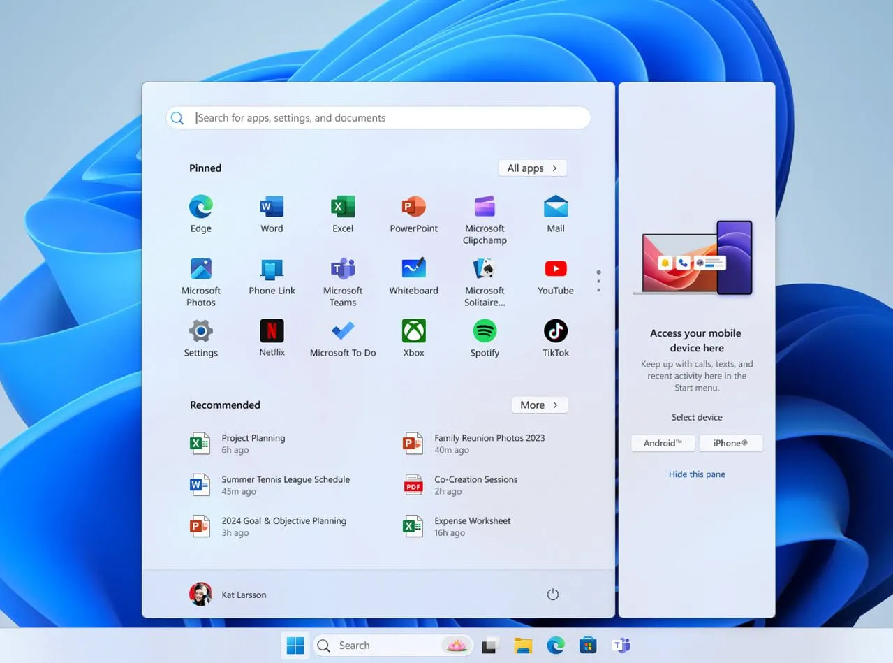 Ứng dụng Microsoft Phone Link hiển thị trong menu Start của Windows 11