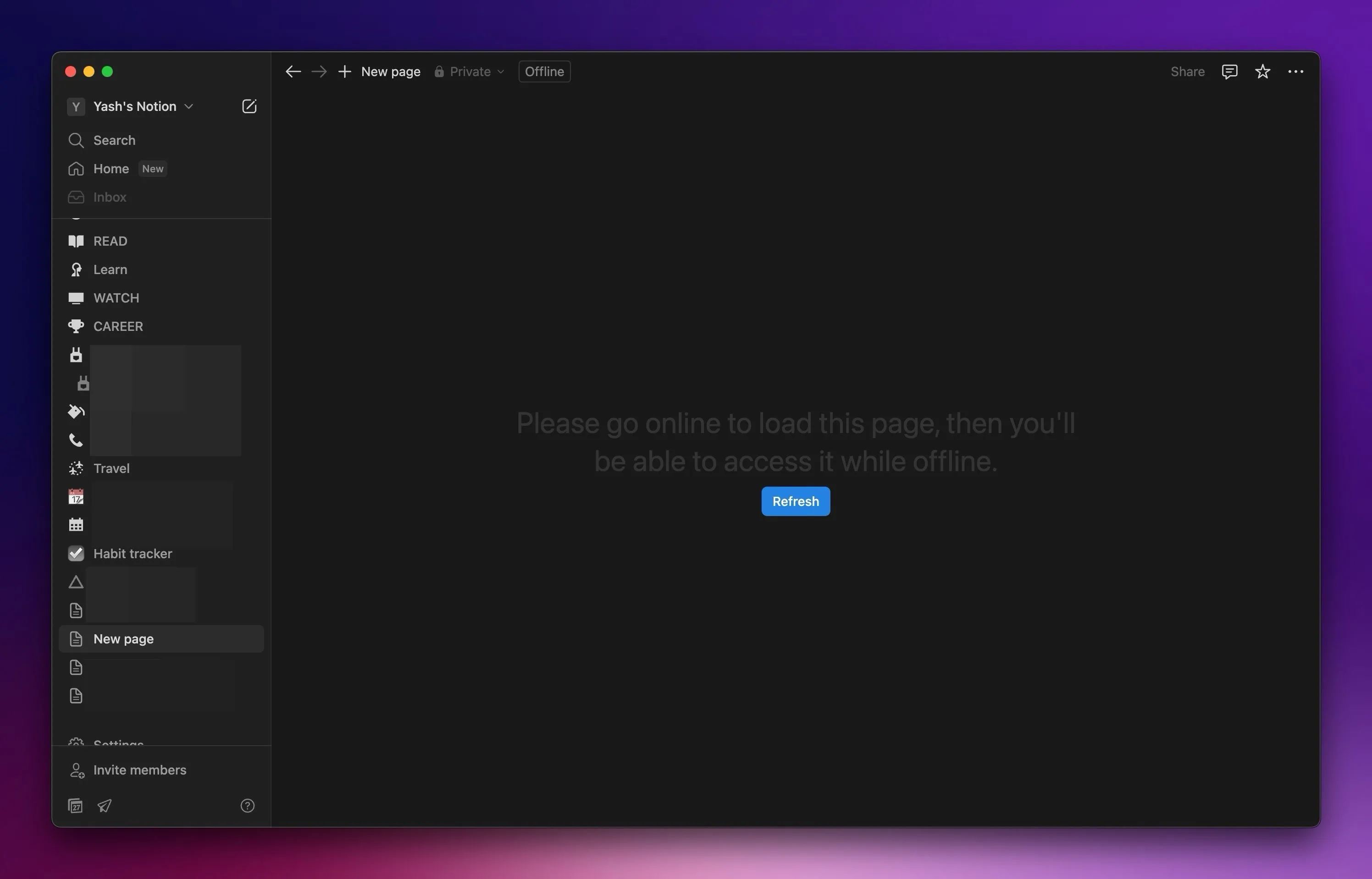 Ứng dụng Notion trên máy Mac hiển thị không có kết nối internet, minh họa hạn chế truy cập ngoại tuyến.