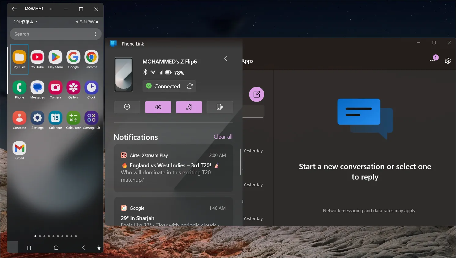 Ứng dụng Phone Link trên Windows 11 đang phản chiếu màn hình điện thoại