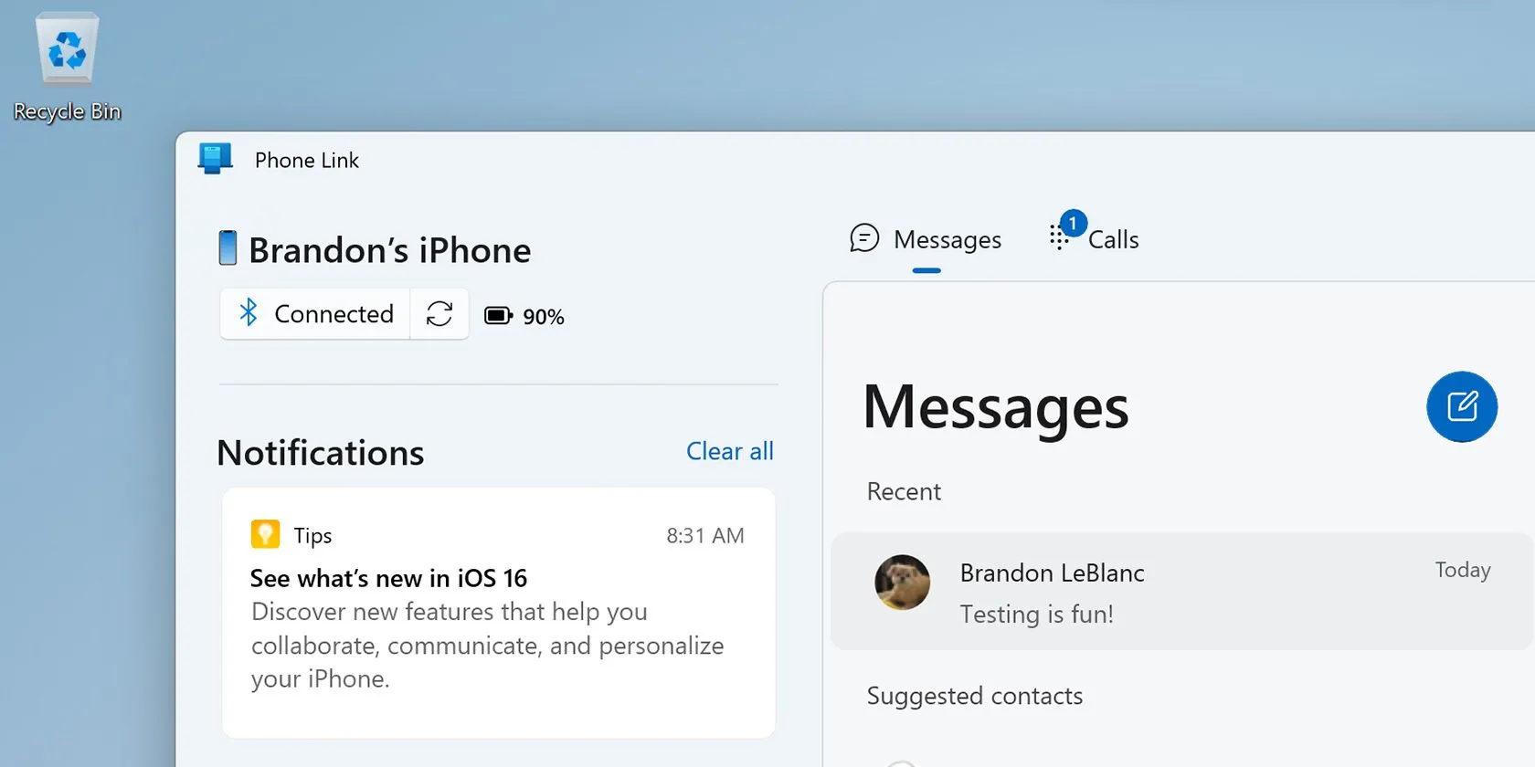 Ứng dụng Phone Link trên Windows 11 hiển thị kết nối với iPhone, cho phép đồng bộ cuộc gọi và tin nhắn