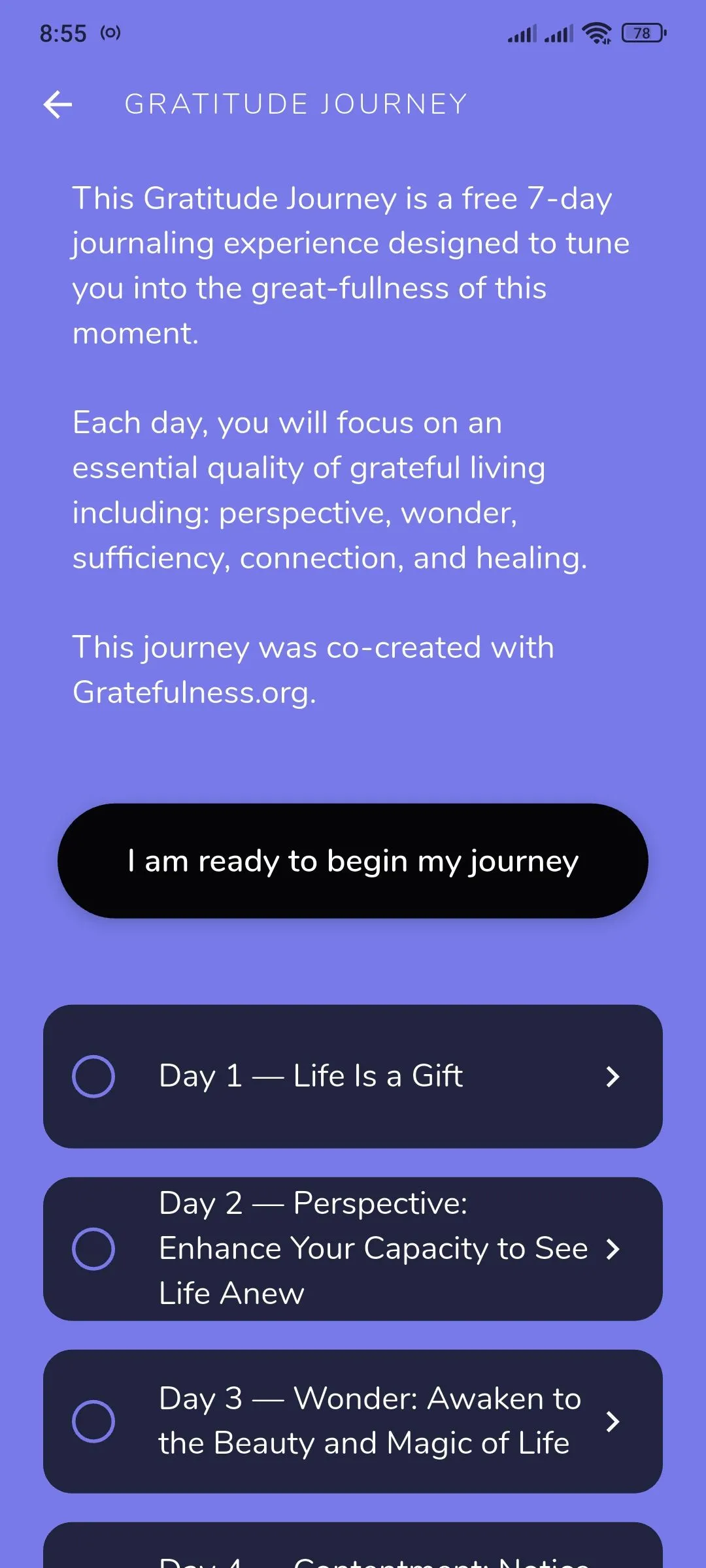 Ứng dụng Reflection.app hiển thị màn hình chọn hành trình &quot;7-day Gratitude Journey&quot; trong mục hướng dẫn.