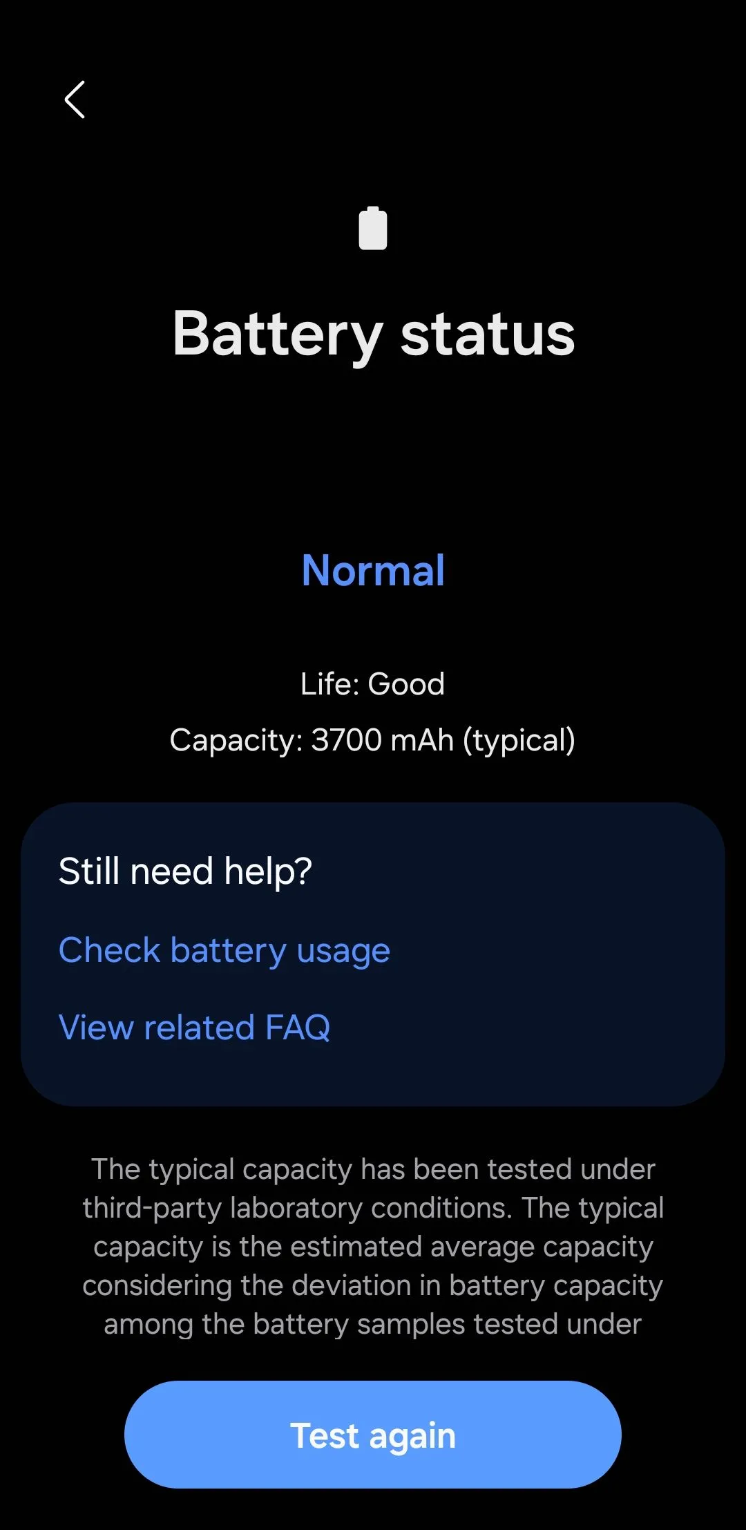 Ứng dụng Samsung Members hiển thị kết quả chẩn đoán tình trạng pin của điện thoại Samsung Galaxy.