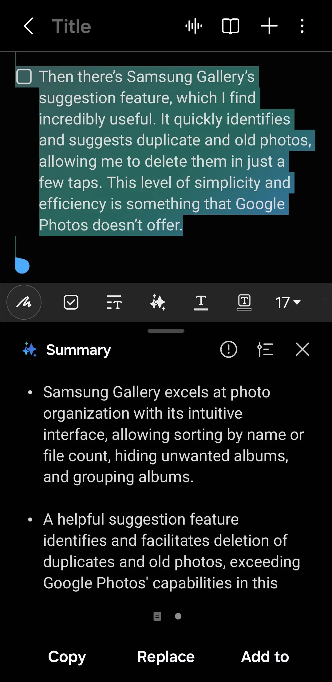Ứng dụng Samsung Notes hiển thị tóm tắt nội dung ghi chú bằng Galaxy AI