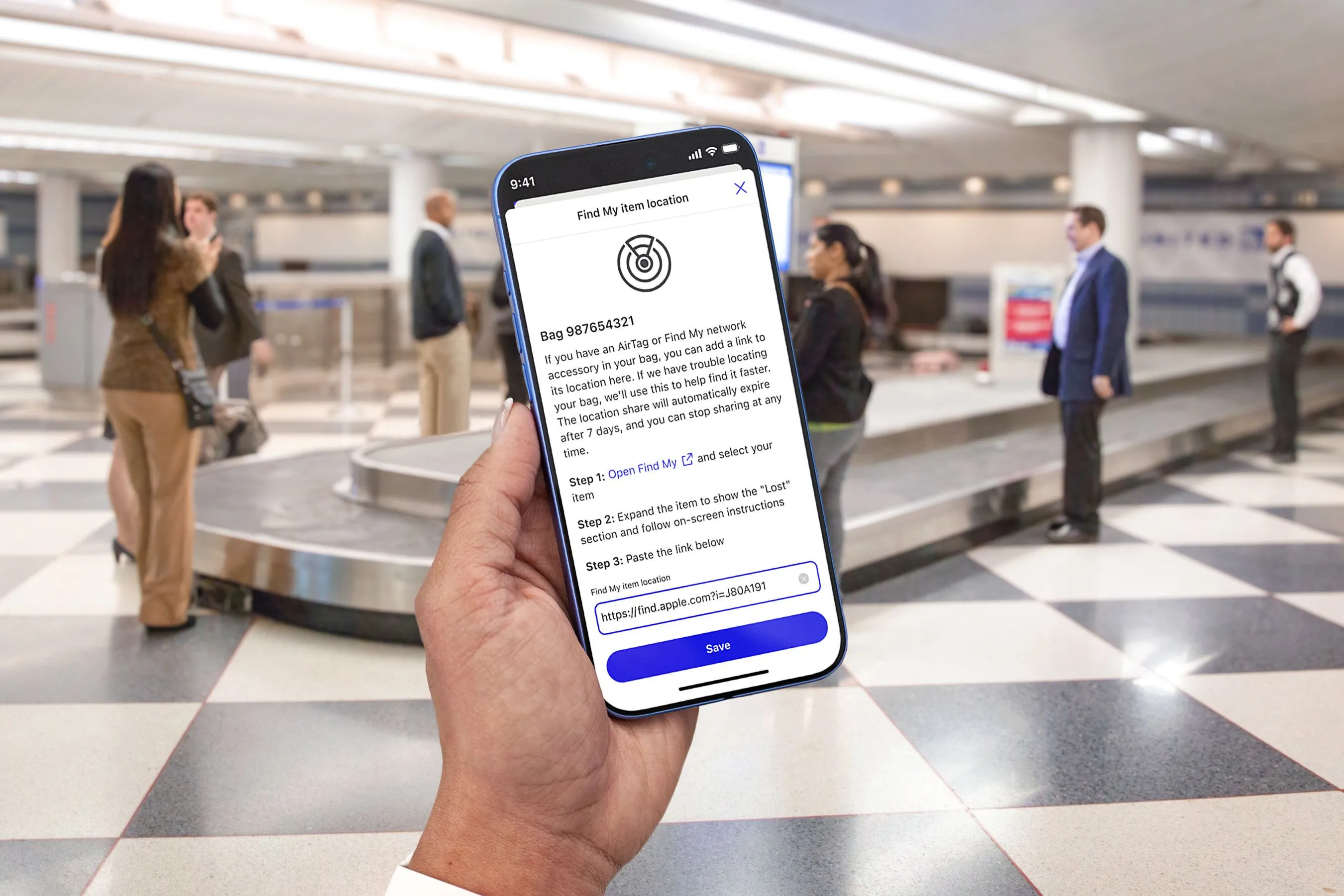 Ứng dụng United Airlines hiển thị tích hợp tính năng theo dõi AirTag cho hành lý bị thất lạc