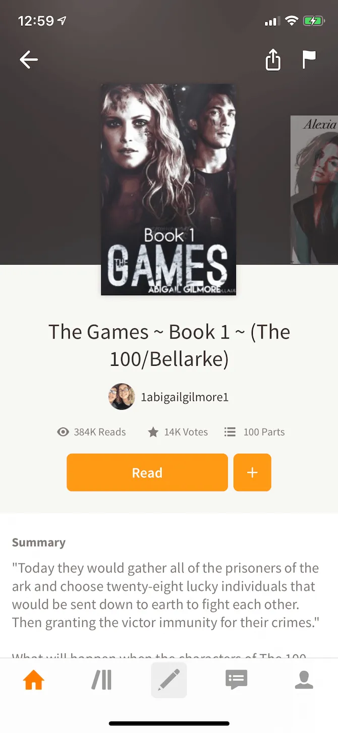 Ứng dụng Wattpad đang mở trên iPhone hiển thị giao diện đọc truyện và các tùy chọn tương tác.
