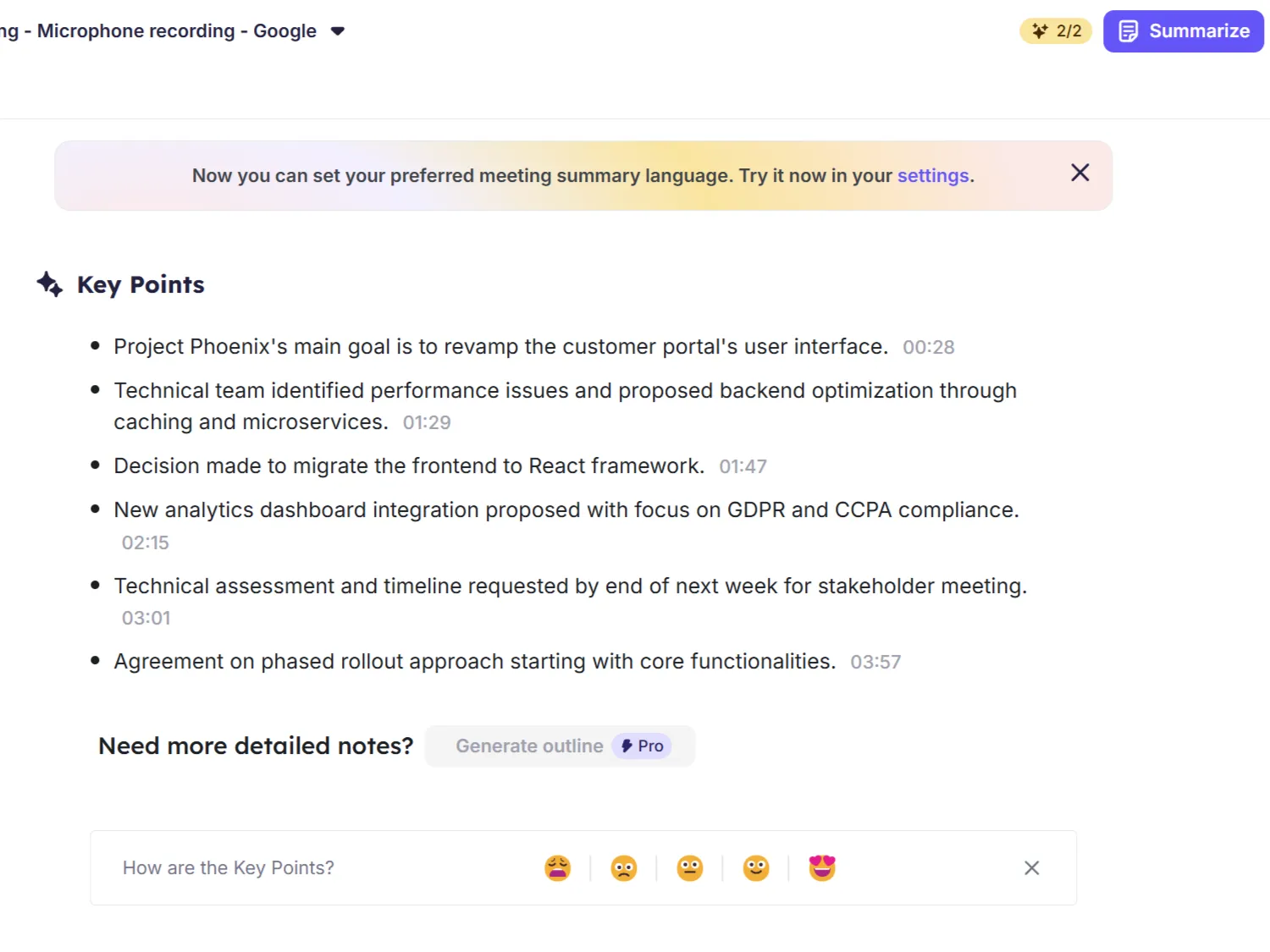 Ứng dụng web Krisp hiển thị bản tóm tắt cuộc họp bằng AI với các điểm chính được trích xuất.