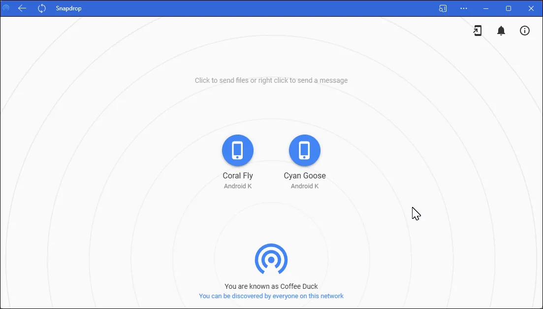 Ứng dụng web Snapdrop trên Microsoft Edge hiển thị hai thiết bị được phát hiện trên cùng mạng, giúp chia sẻ tệp tức thì giữa Windows và các thiết bị khác tương tự AirDrop.