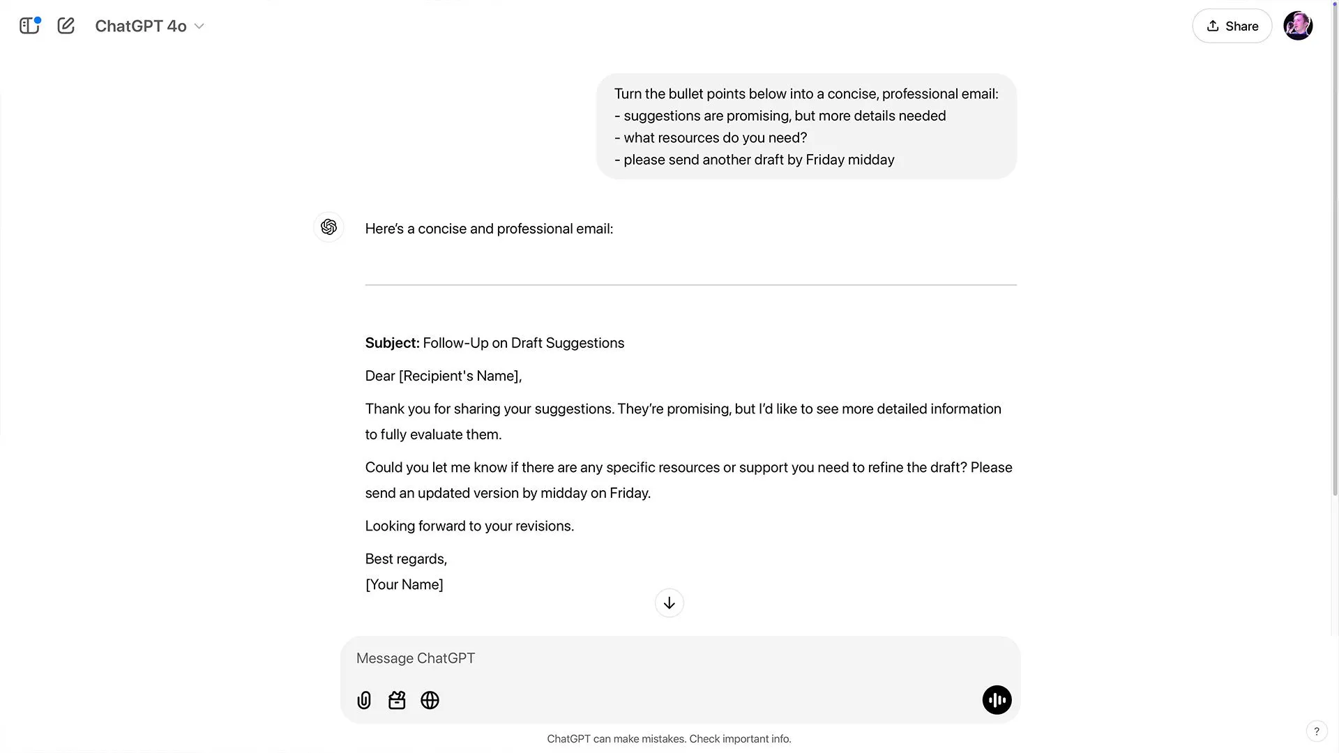Ví dụ ChatGPT tạo email từ các gạch đầu dòng, minh họa cách AI hỗ trợ soạn thư nhanh chóng.