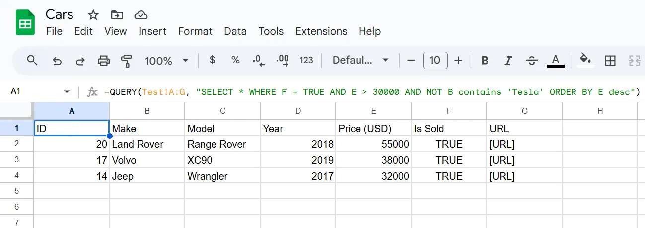 Ví dụ công thức hàm QUERY kết hợp nhiều điều kiện lọc (WHERE), sắp xếp (ORDER BY) trên một trang tính trống trong Google Sheets.