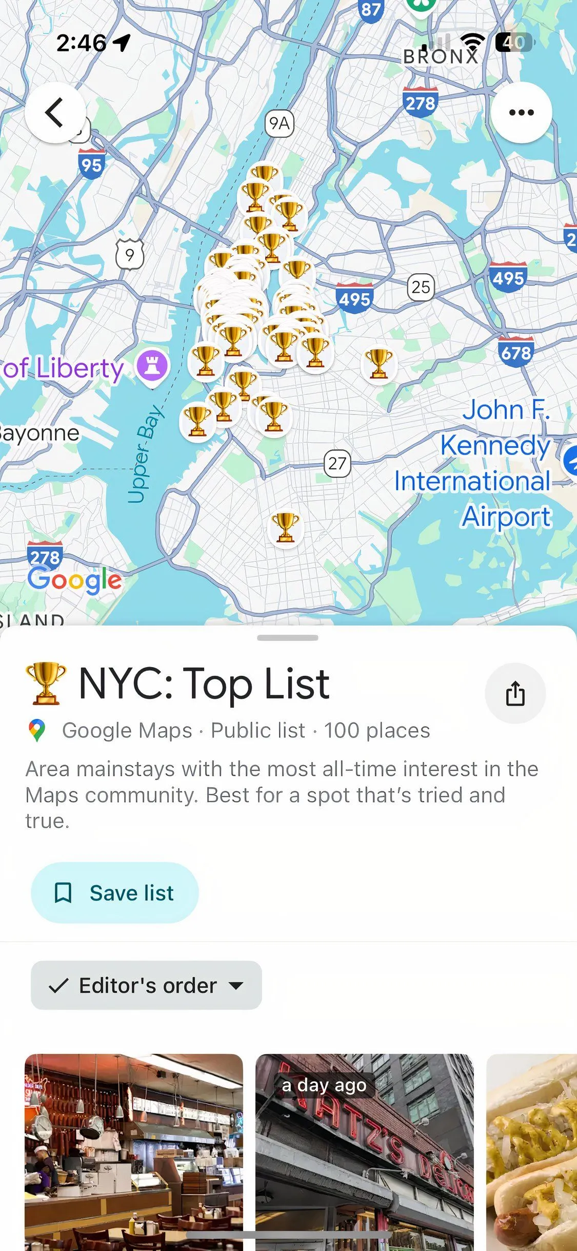 Ví dụ danh sách địa điểm nổi bật tại New York City trên Google Maps