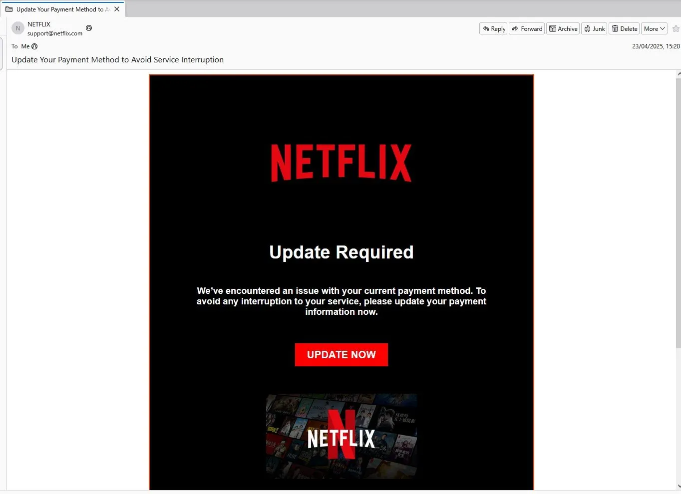 Ví dụ email lừa đảo Netflix giả mạo tinh vi.