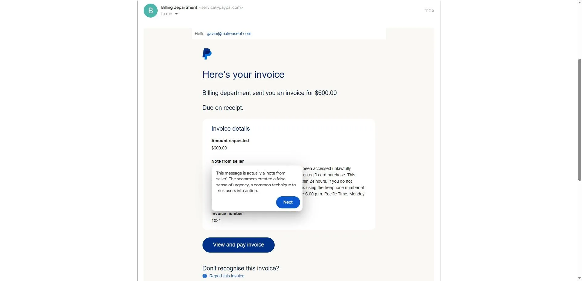 Ví dụ email lừa đảo PayPal từ bài kiểm tra Phishing của Google